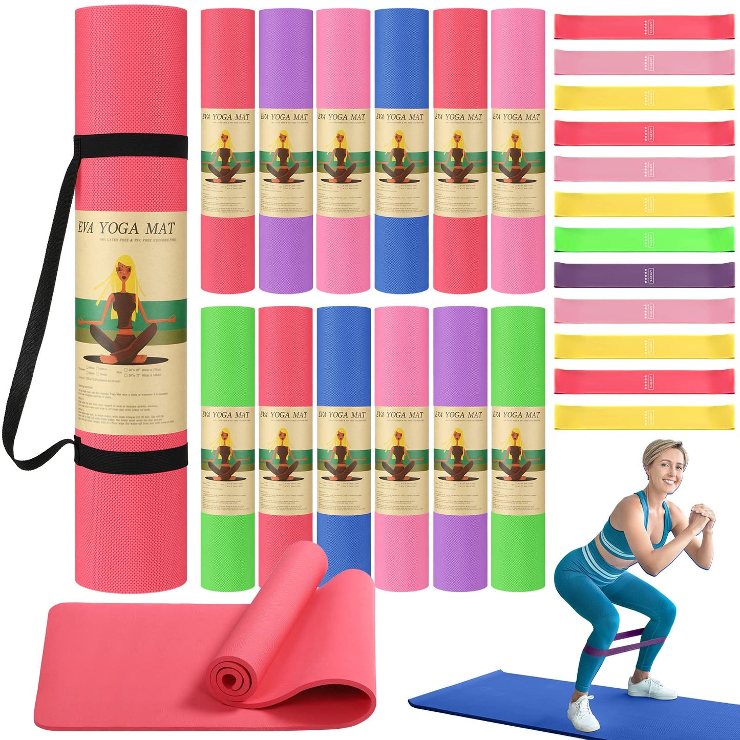 Hoolerry 36 Pieces Yoga Mats Sets Includes 12 Pcs Yoga Mats Bulk 68” x 24” x 6mm Thick Exercise Mat Non Slip 12 Resistance Bands 12 Carrying Straps for Women Girls for Gym Pilates(Bright Colors)