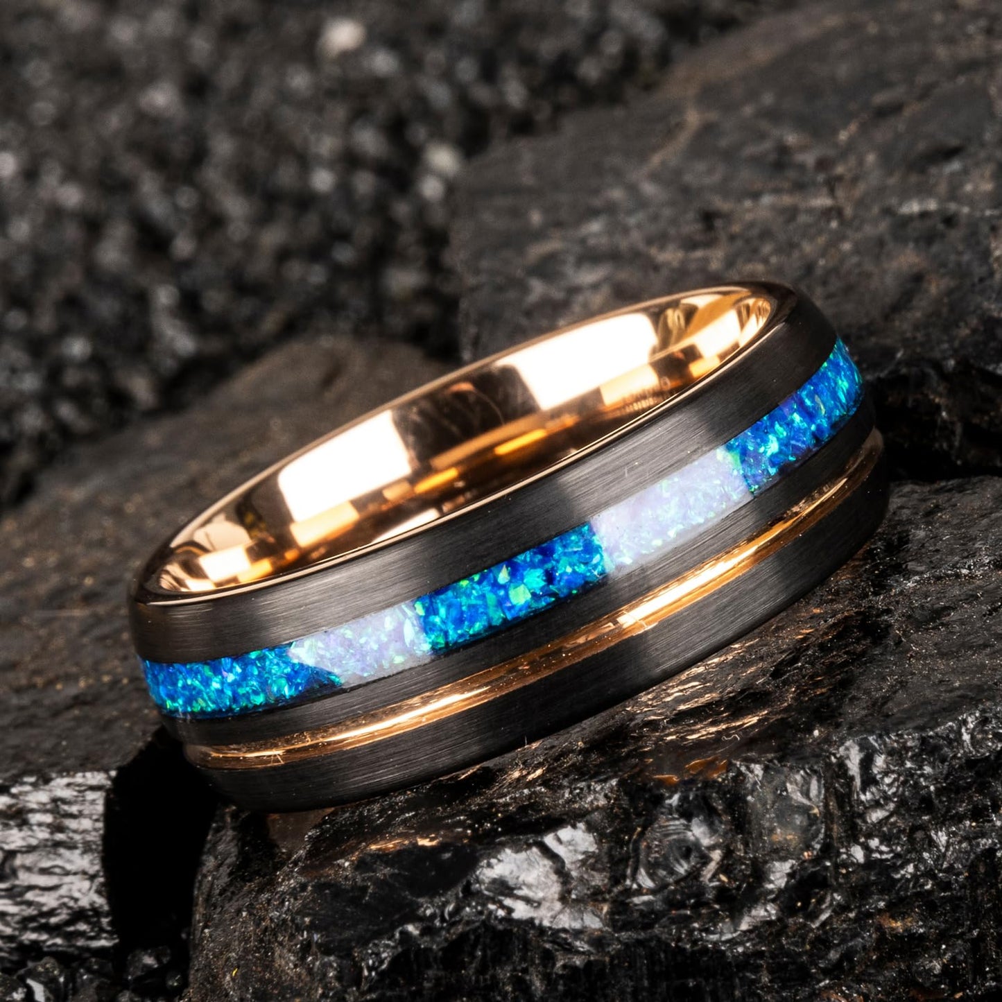 JEWPER 8mm Men Womens Wedding Band Tungsten Rings Black Blue rose gold Fashion Promise Carbide outer ring Inlaid Opal groove design Matte Finish Edge Comfort Fit Size(6)