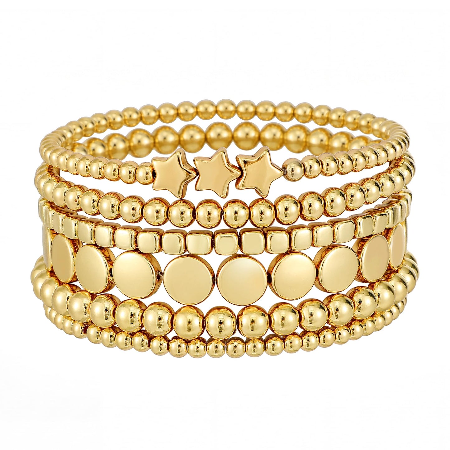 Sajidos Gold Plated Beaded Bracelets for Women Trendy, 14K Gold Plated Stack Cross Pearl Gold Plated Bead Stretch Bracelets Set Elastic Hypoallergenic Bracelets Jewelry Gifts (style12-3 6pcs)