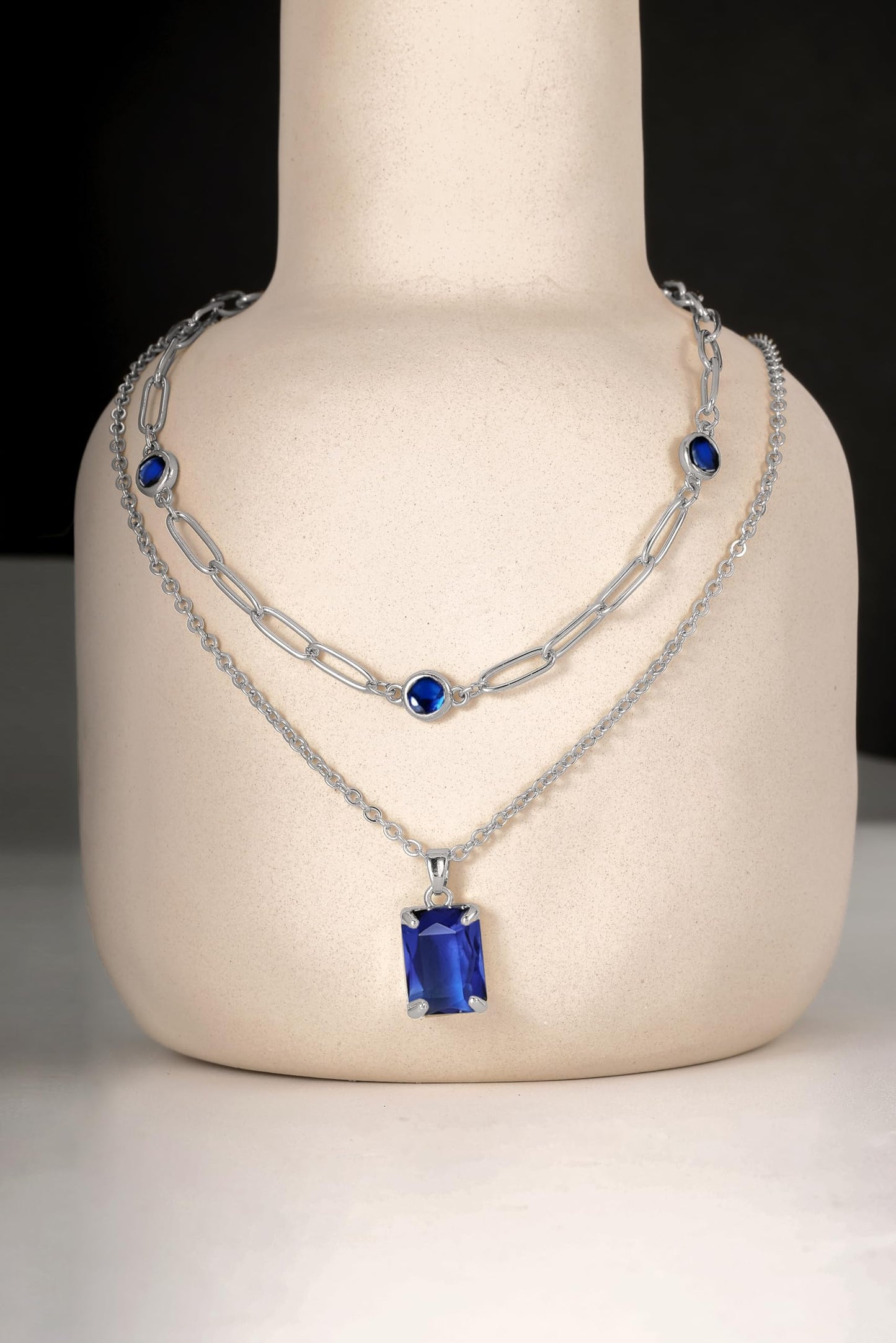 VANGETIMI Blue and Silver Layered Pendant Necklaces for Women Silver Plated Crystal Choker Necklace Paperclip Rhinestone Necklace Party Prom Jewelry