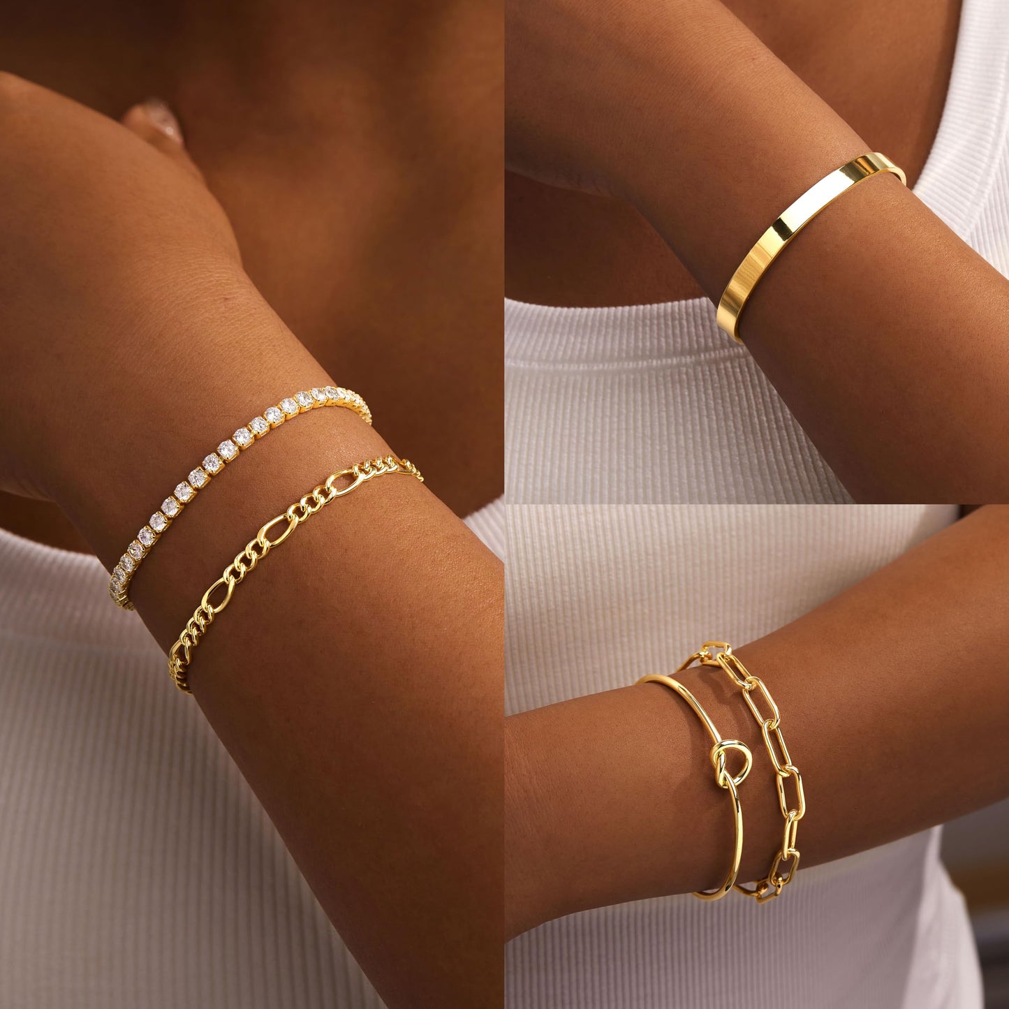 Gokeey Gold Cubic Zirconia Classic Tennis Bracelets for Women Trendy 14K Gold Plated Bangle Cuff Bracelet Set for Women Love Tike Knot Paperclip Figaro Bracelet Stack No Tarnish Bracelets Waterproof Simple Fashion Jewelry Gifts