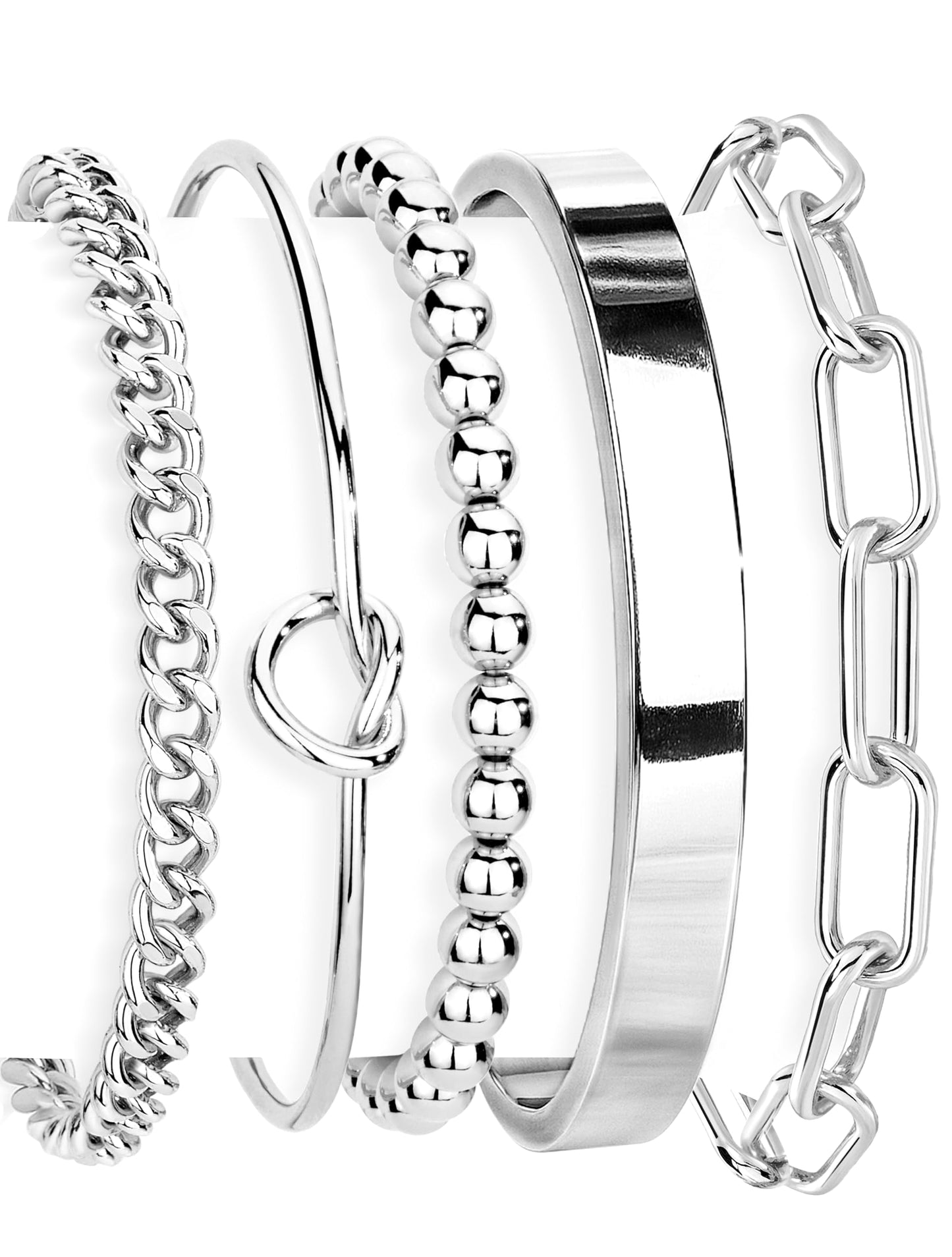 Gokeey Silver Bracelets for Women Non Tarnish Waterproof Silver Plated Bracelets Stack Dainty Chunky Bangle Cuff Love Knot Paperclip Bead Cuban Layered Chain for Jewelry Gifts