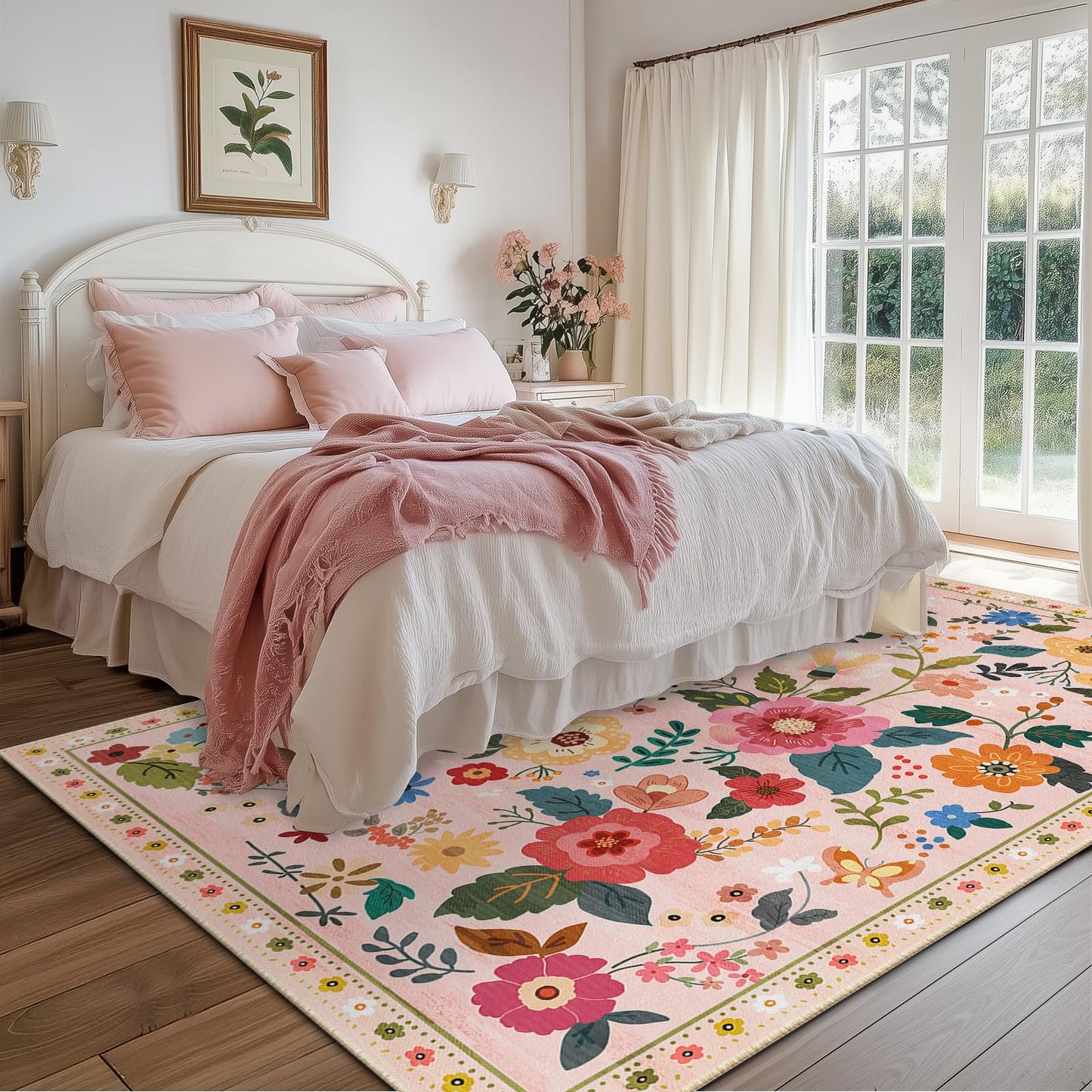 RELEANY Floral 5x7 Area Rug Machine Washable Soft Print Boho Carpet Non Slip Doormat Low Pile Flower Area Rugs for Living Room Bedroom Nursery Kitchen Dining Room Indoor-Pink