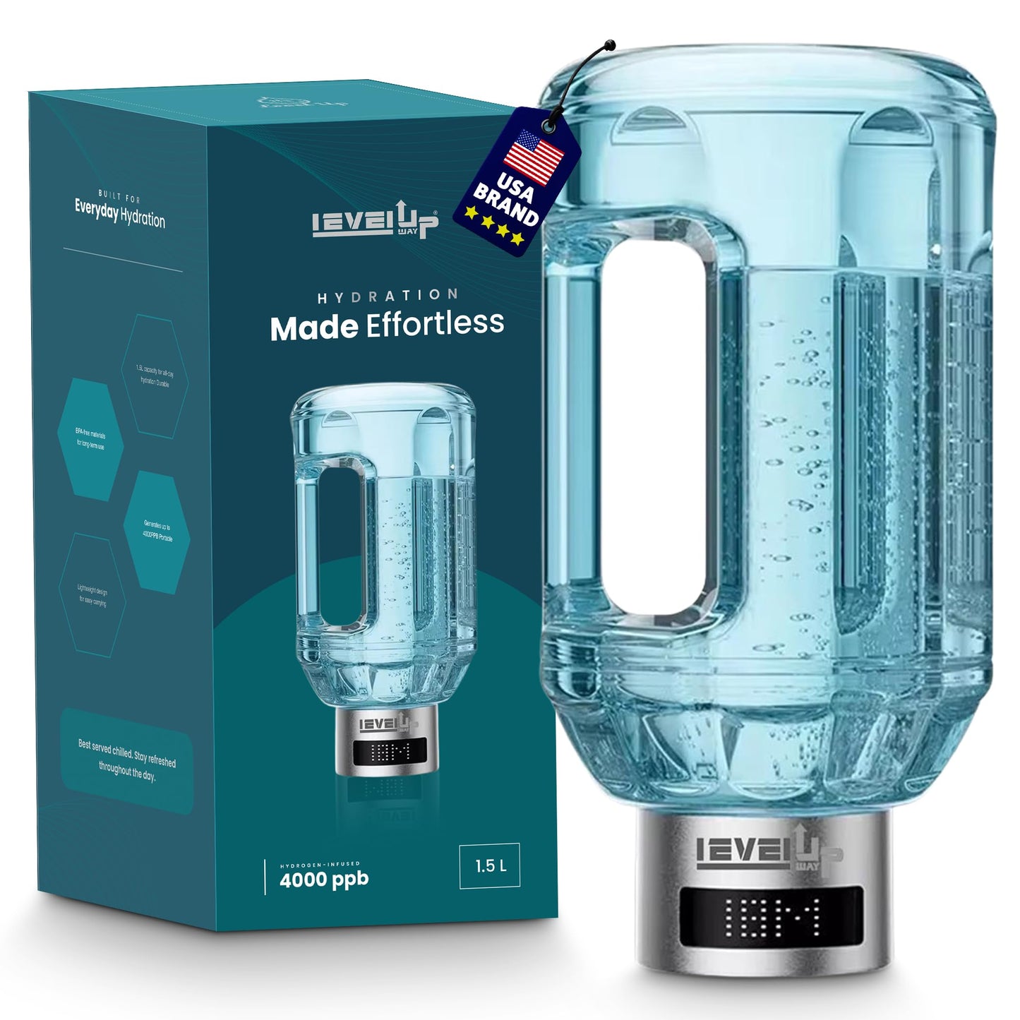 Level Up Way - 2026 New Hydrogen Water Bottle Jug – Portable Hydrogen Water Generator with Digital Display – Up to 4000PPB - 51oz Capacity – Premium Hydration Solution for Home, Office & Gym