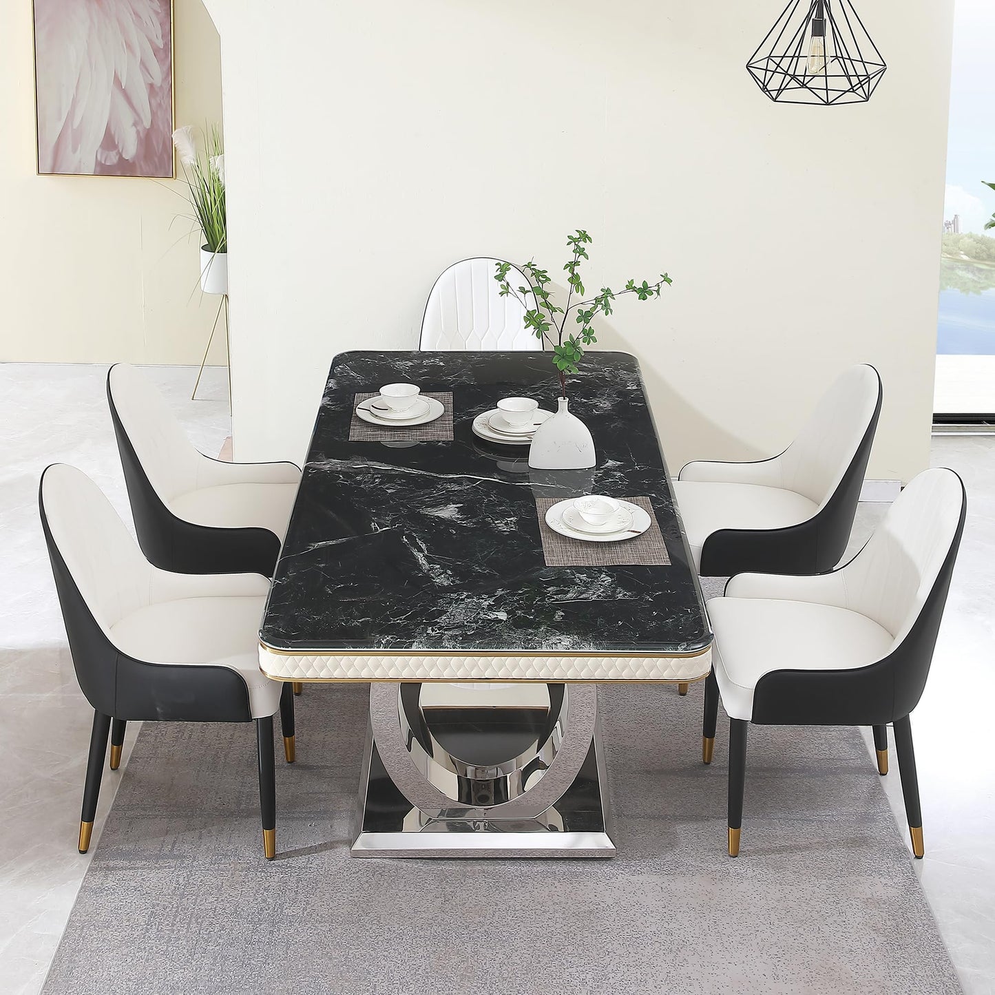 Legendstone 79" Marble Dining Table Set for 6, Modern Kitchen Table with Double-Circle Shaped Stainless Steel Base, Luxury Black Dining Set with 6 Black-White Dining Chairs for Home, Kitchen