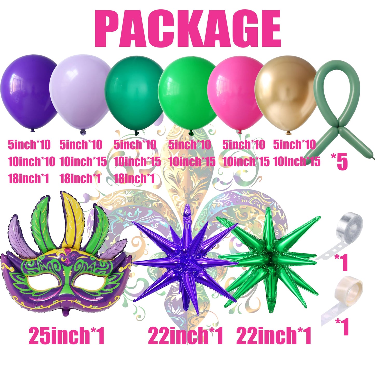 Mardi Gras Purple Green Hot Pink Gold Balloon Garland Arch Kit 156Pcs with Large Mardi Mask Explosion Star Foil Balloons for Carnival Birthday Masquerade Party Decorations Fat Tuesday Party Supplies