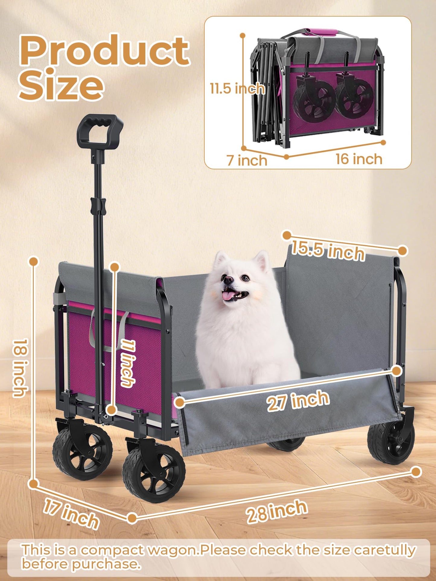 Aimnny Pink Folding Wagon Cart with Wide Wheels, Lightweight & Portable, Easy Fold & Removable Side Utility Wagon for Groceries, Gardening, Camping, Pet Use