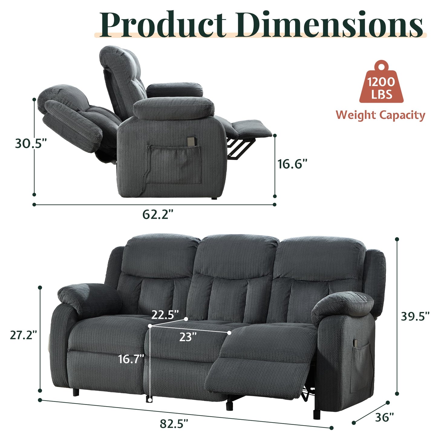 Jocisland Reclining Couch, Power Reclining Sofa with Dual Wingback, 3 Seater Recliner Sofa, Recliner Couches for Living Room(Dark Gray)