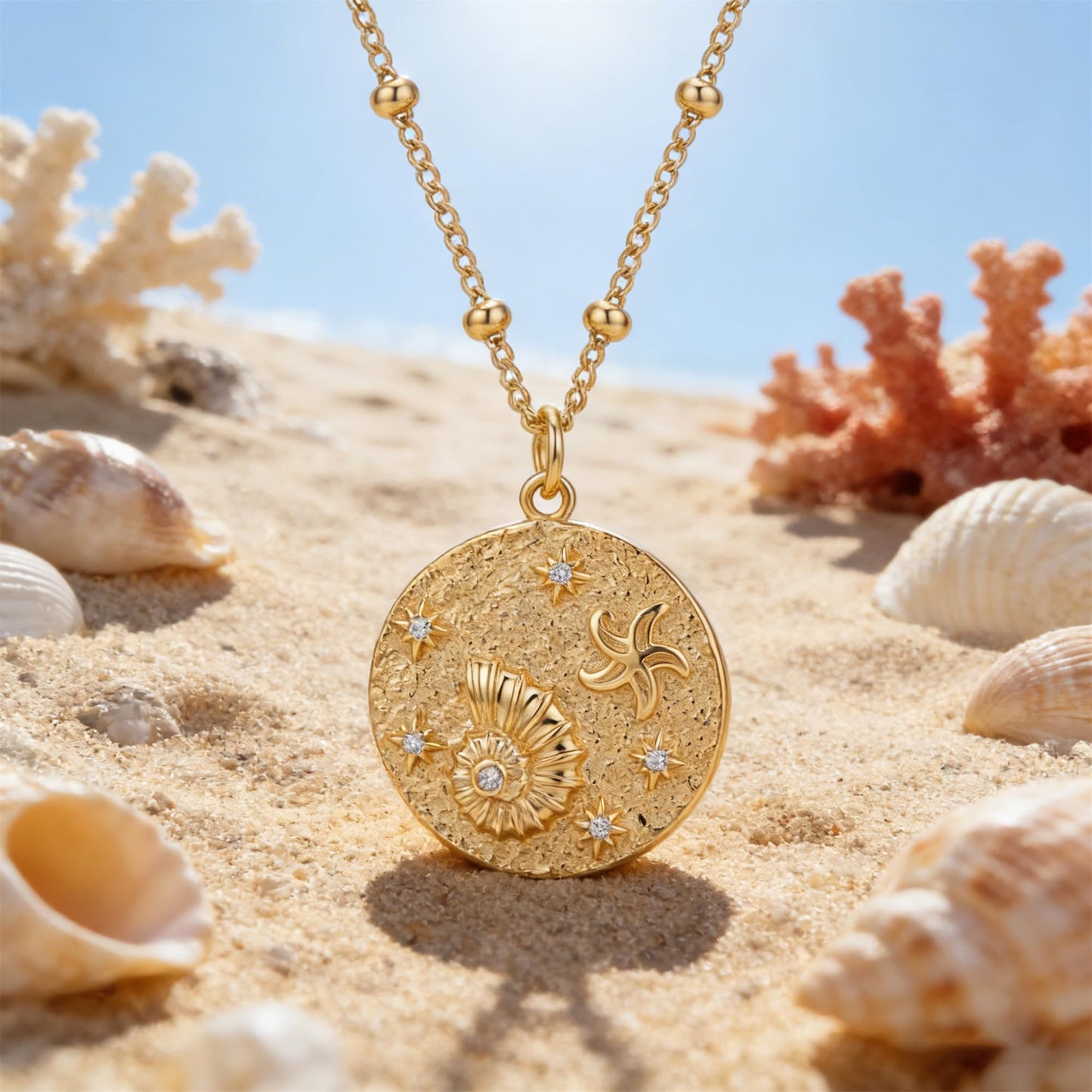 MEVECCO Dainty Gold Conch Shell Coin Pendent Necklace for Women 18K Gold Plated Shell Disc Necklace Boho Beach Handmade Ocean Jewelry for Holiday Gift