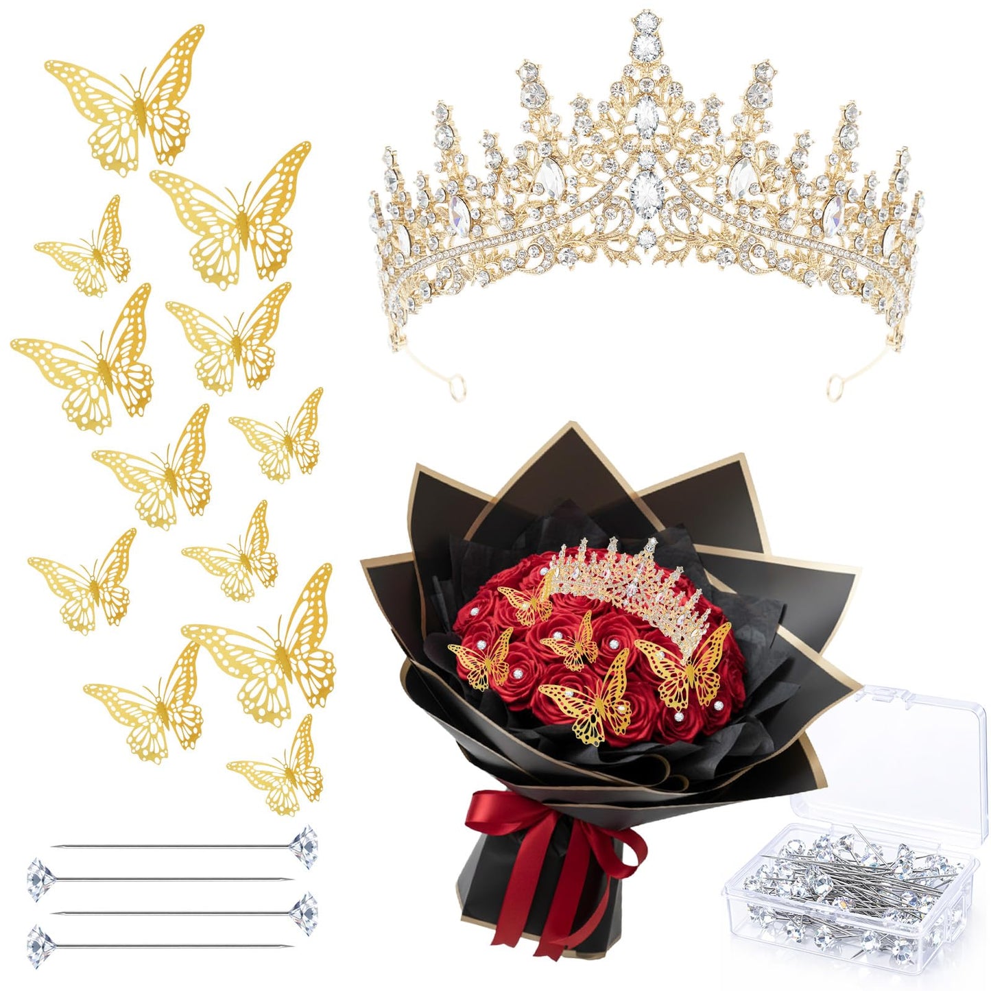 Tondiamo 63 Pcs Flower Bouquet Accessories Include 6.1 x 2.8 Inch Crystal Queen Crown Tiara for Women Bouquet Pins and Butterflies Decor for Flower Arrangements Cake Topper Wedding Birthday(Gold)