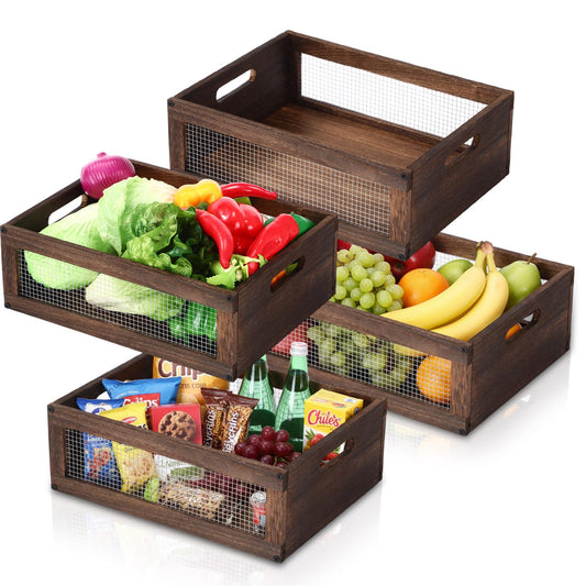 4 Pcs Wooden Countertop Baskets for Kitchen Bathroom, Easy Self-assembly Rustic Nesting Boxes with Handle and Wire Mesh, Multipurpose Wooden Crates for Fruit, Include Screws (Medium,Burnt Wood Finish)