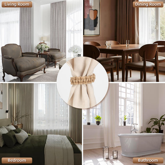 4 Pcs Braided Curtain Tiebacks Boho Flexible Rope Drapes Holder Braided Jute Curtain Tiebacks for Home Office Bedroom Window