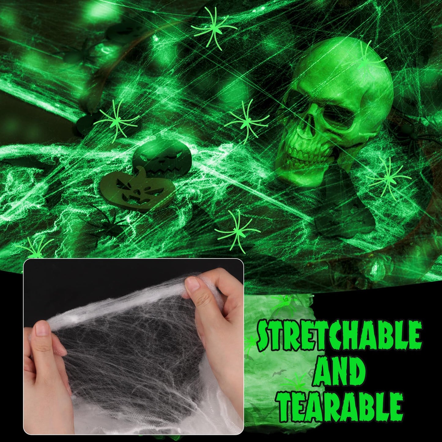DERAYEE Halloween Glow in The Dark Spider Web Decorations, 700sqft Super Stretch Fake Cobwebs with 50 Plastic Spiders for Halloween Party Indoor Outdoor Supplies (200g)