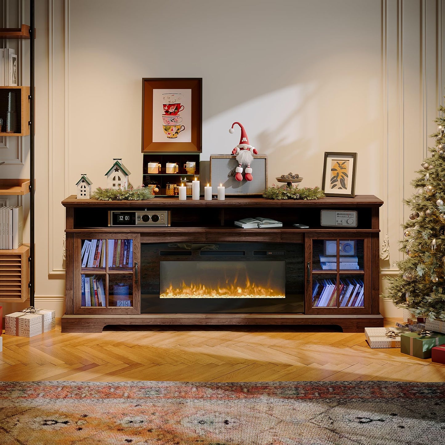 Nordivale 70" Fireplace TV Stand, Modern Entertainment Center for TVs Up to 80”, TV Console with Storage Cabinets, Media Console for Living Room, Brown TV Stand and Black Fireplace