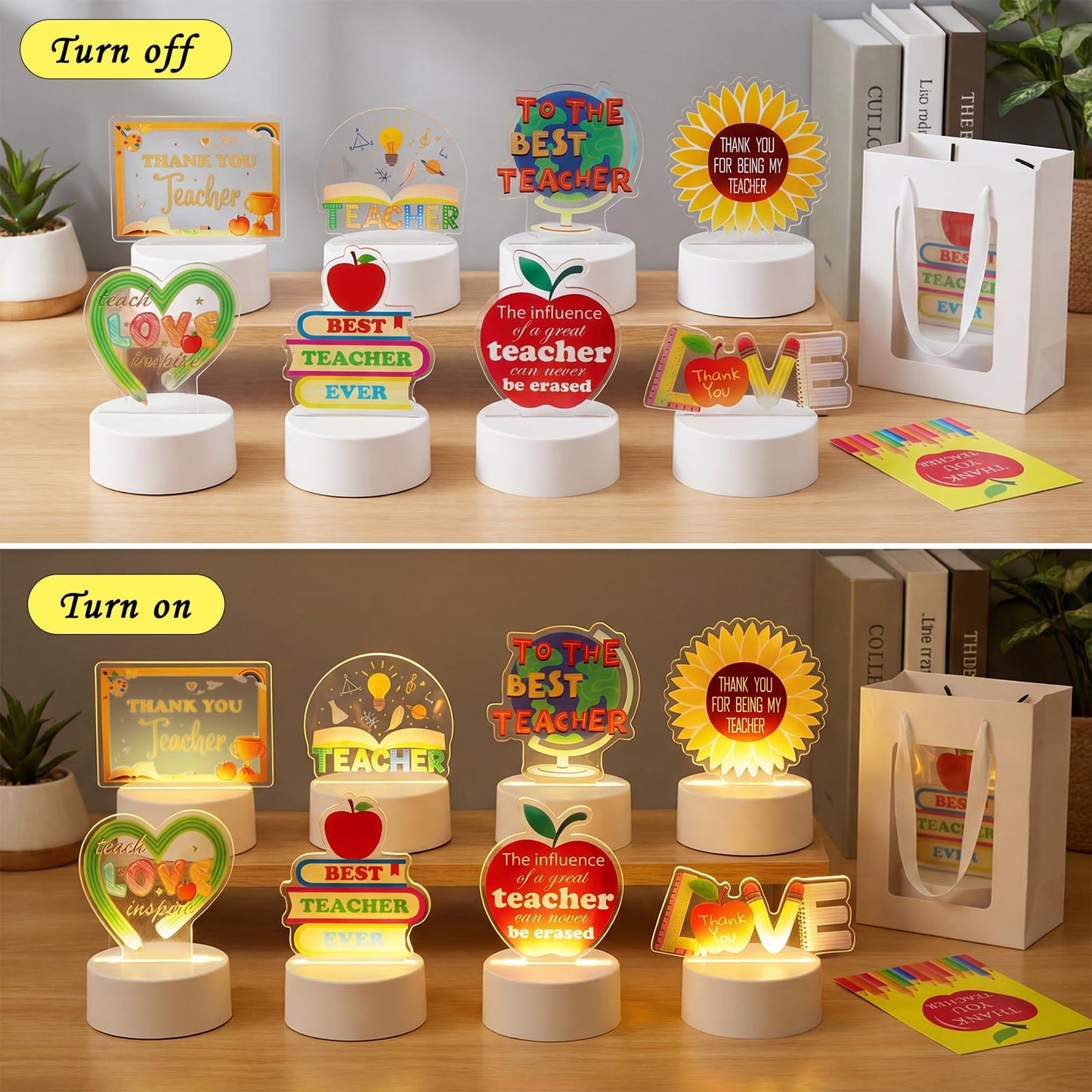 8 Set/24 Pcs Teacher Appreciation Gifts Bulk, Acrylic Night Light Light up Engraved Table Sign Graduation Farewell Thank You Teacher Gifts for Desk Decor Night Lamp with Thank You Cards Bags
