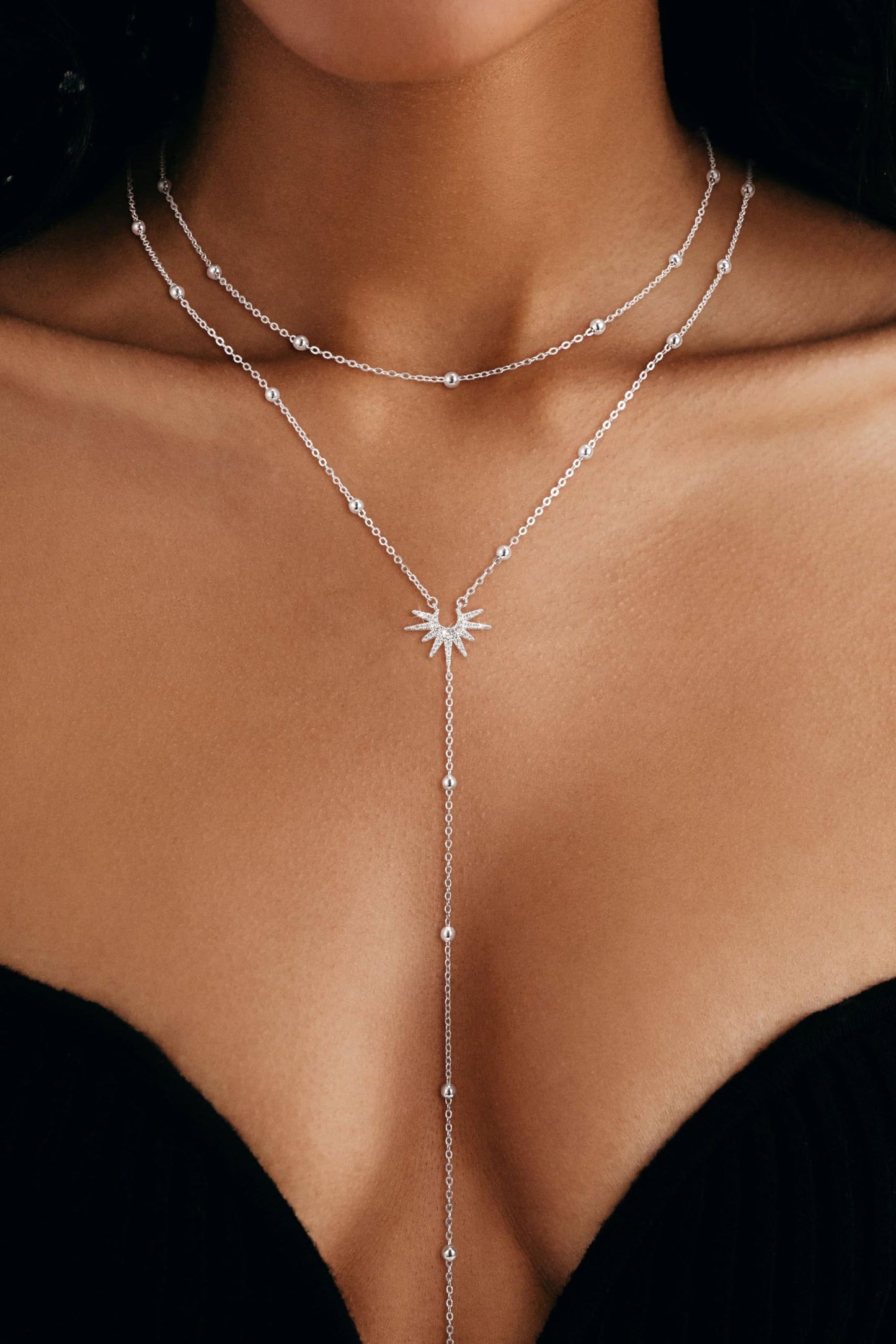 CHESKY Lariat Silver Necklace for Women Trendy, Dainty Long Necklace Streling Silver Y-Shaped Pendant Necklace Layered CZ Beaded Chain Drop Necklaces Simple Gold Jewelry for Women Gifts