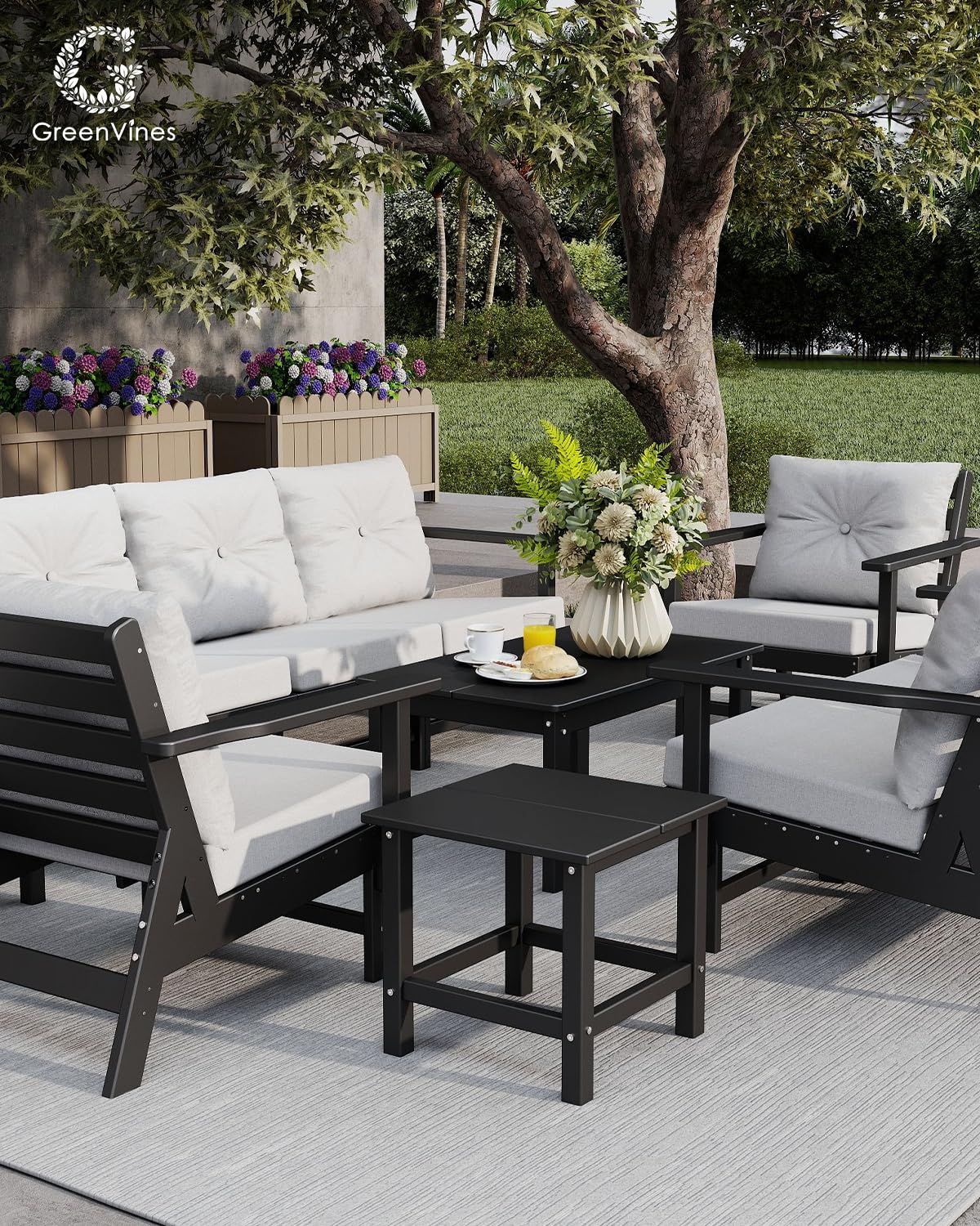 GREENVINES 6-Piece-Patio-Furniture-Set | HDPE Plastic | Outdoor Sectional Conversation Sets | All-Weather Couch | Sofa with Coffee Table | Detachable Armrests | for Deck Lawn | Black