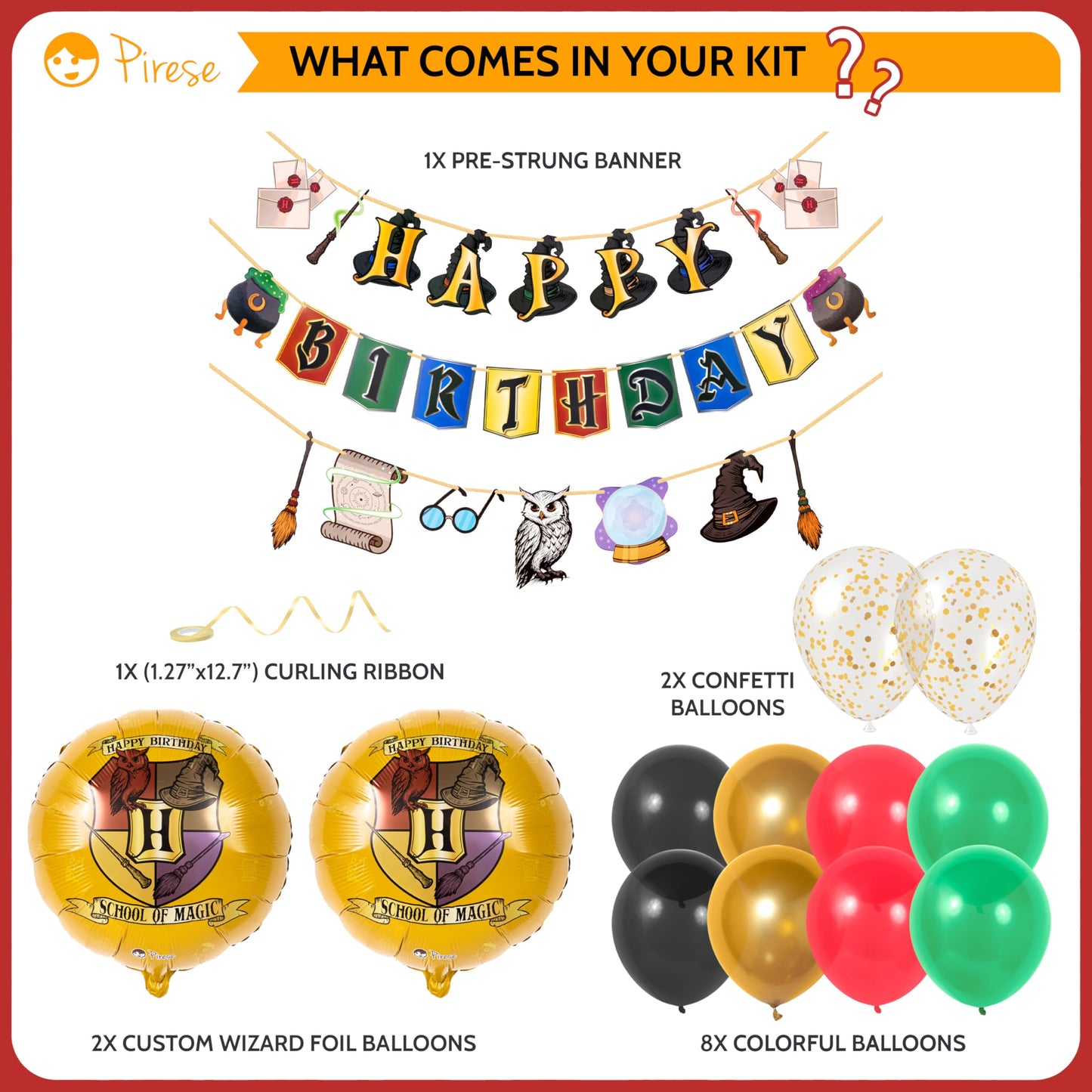 Pirese Wizard Birthday Decorations, Magical Happy Birthday Banner with Balloons, Pre-Strung Party Supplies, Gold Confetti Balloons & Unique Pirese Foil Balloon, Magical Decor for Kids & Adults