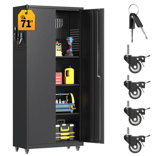 Metal Garage Storage Cabinet with Wheels, 71"H Tool Storage Cabinet with Doors and Adjustable Shelves, Locking Garage Cabinets and Storage System for Utility Home, Warehouse, Workshop, Basement