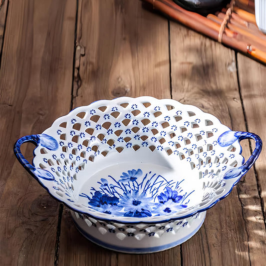 YYMayLsh Blue and White Ceramic Fruit Bowl with handle, Porcelain Decoration Bowl, Fruit Serving Plate, Storage Bowl, Decorative for Kitchen Counter, Home Decor