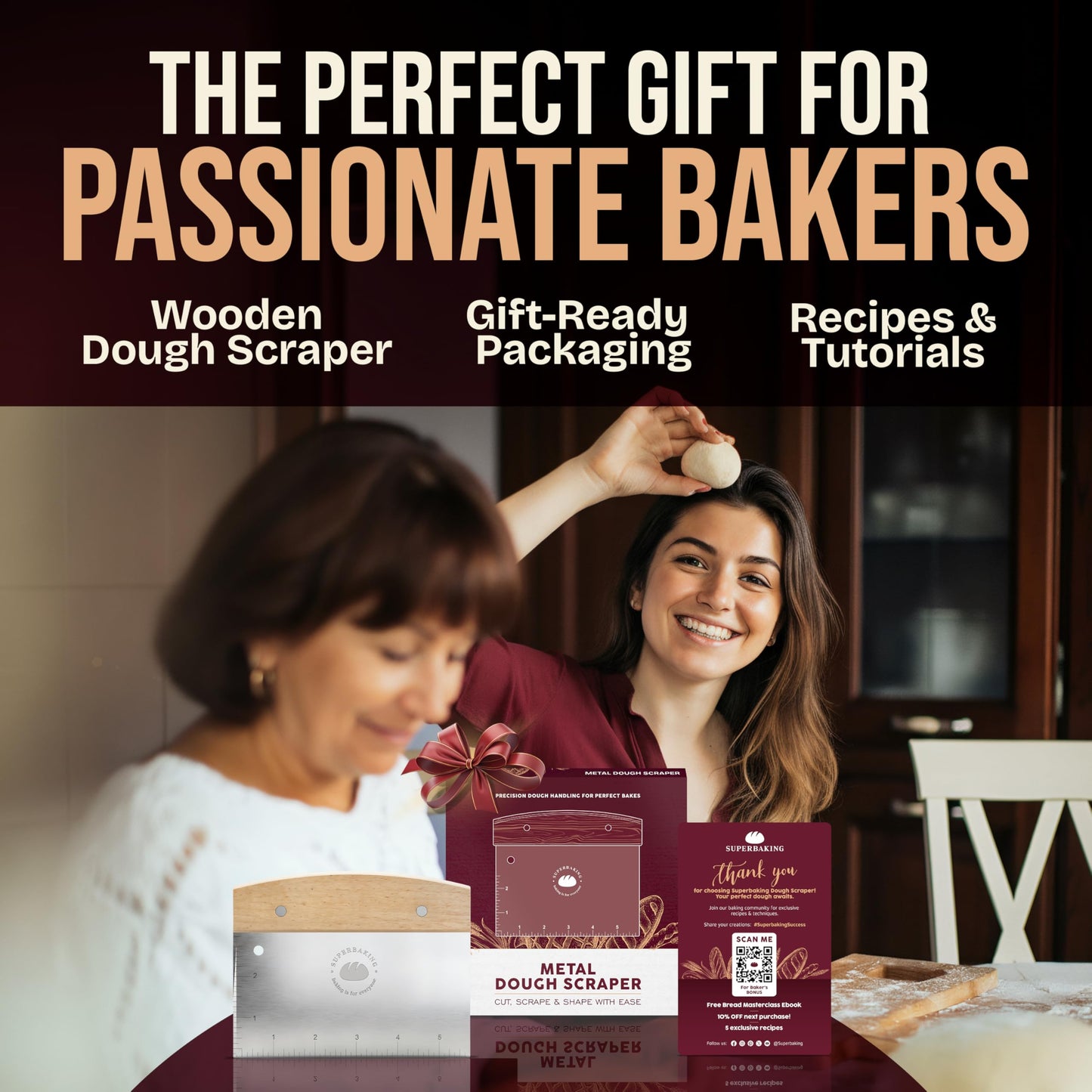 Superbaking Dough Scraper - 6" Bench Scraper - Dough Cutter with Ruler - Pastry & Cake Scraper - Kitchen Tools Sourdough Baking Supplies - Bread Making Tools & Accessories for Home Bakers