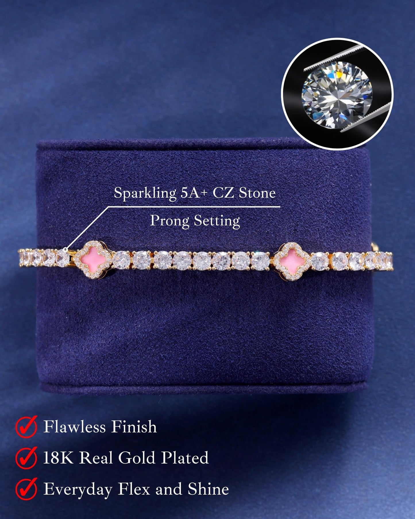LuxeFlex 4mm Iced Out Clover Tennis Bracelet, White Gold Plated with 5A Zircon Stones, Handmade exquisite Hip Hop Jewelry, Perfect Unisex Gift (Gold-Pink,7)