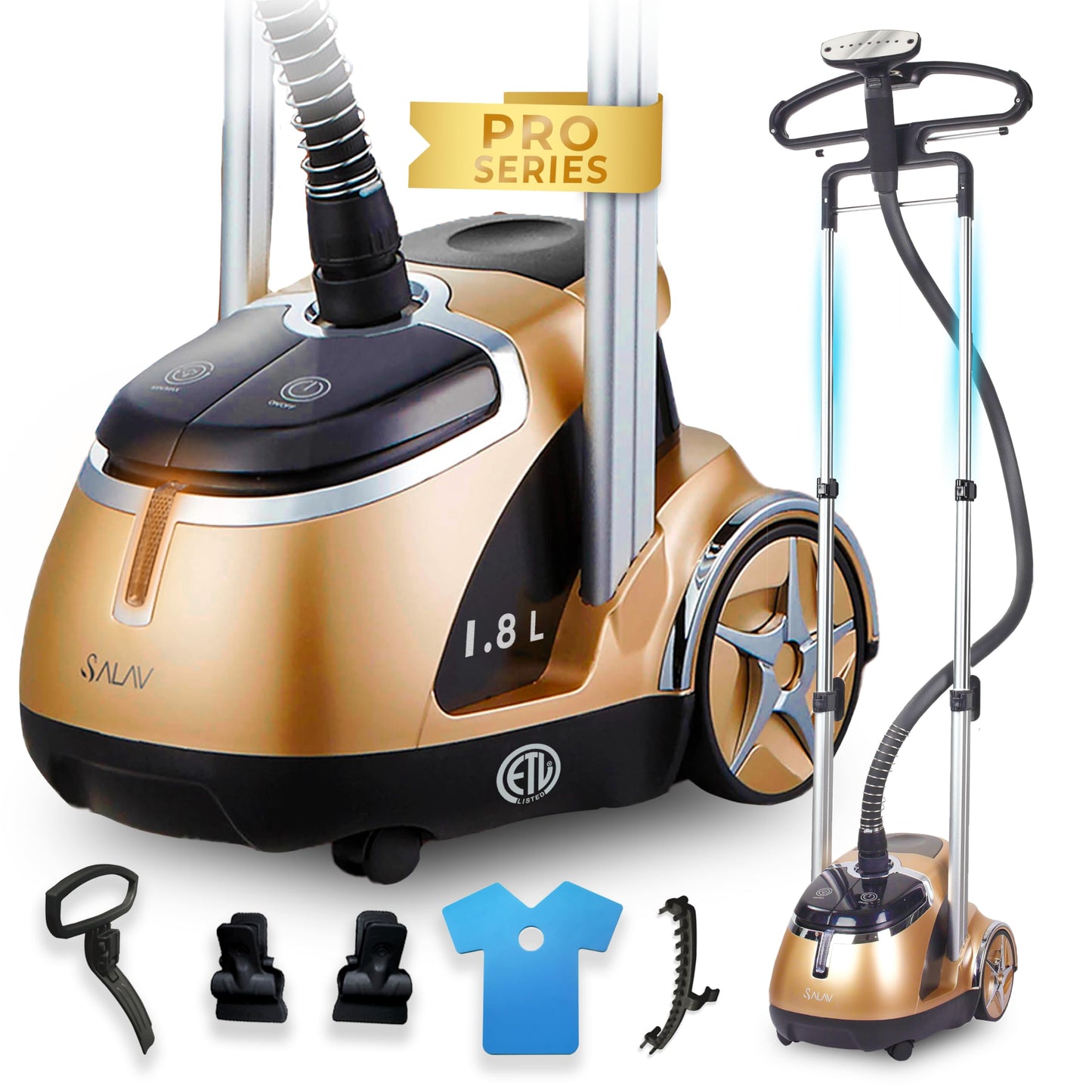 SALAV Limited Edition Professional Series Dual Bar Garment Steamer with Foot Pedals, Stainless Steel Steam Plate, Retractable Power Cord, 1.8L (60.8 oz) Water Tank, 1500 watts, 60+mins of Steam