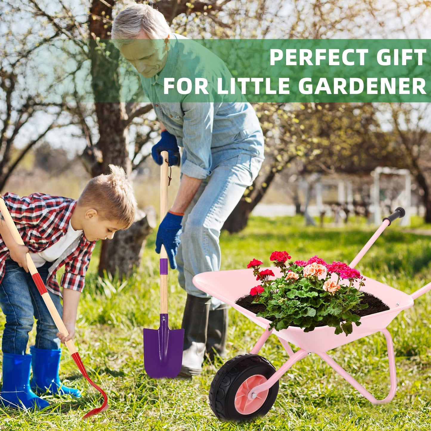 DaisyInner 5 Pcs Kids Gardening Tool Set Include Kids Wheelbarrow Metal Small Toddler Wheelbarrow Wagon with 4 Piece Kids Shovel, Rake, Hoe, Leaf Rake Wooden Gardening Tools for Boys and Girls (Pink)