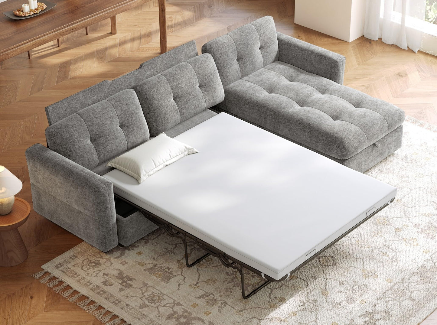 LINSY Oversized Sectional Sleeper Sofa 118" Pull Out Couch with Storage Chaise, Convertible Sofa Bed with Memory Foam Topper, Comfy L Shaped Couches for Living Room Apartment Dorm Room, Grey
