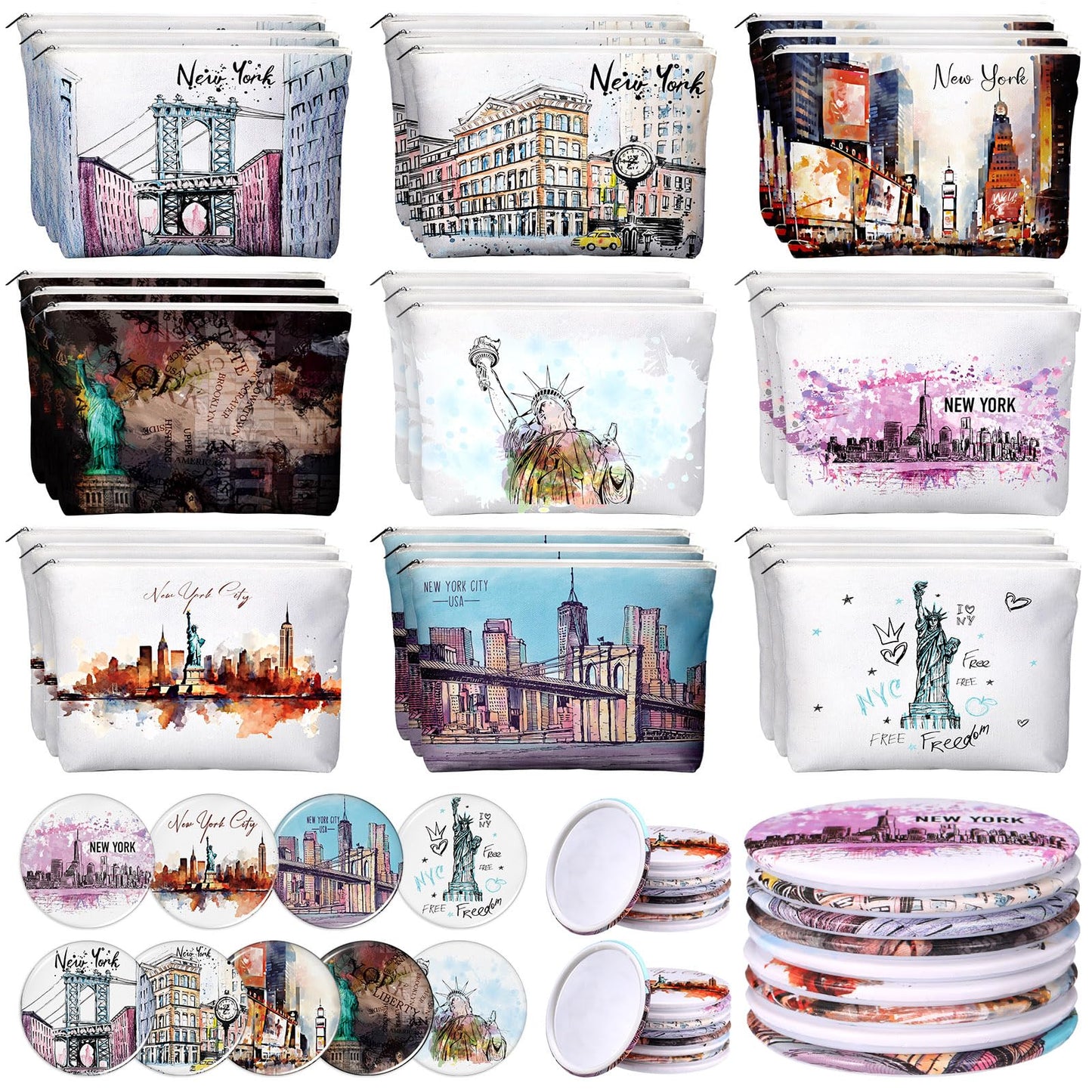 Bulyoou 36 Set New York Souvenirs Gifts Bulk City Cosmetic Bag Nyc Makeup Mirrors Souvenirs from USA Women New York Makeup Bag Birthday Party Favors Trip Journey Gifts for Friend Sisters