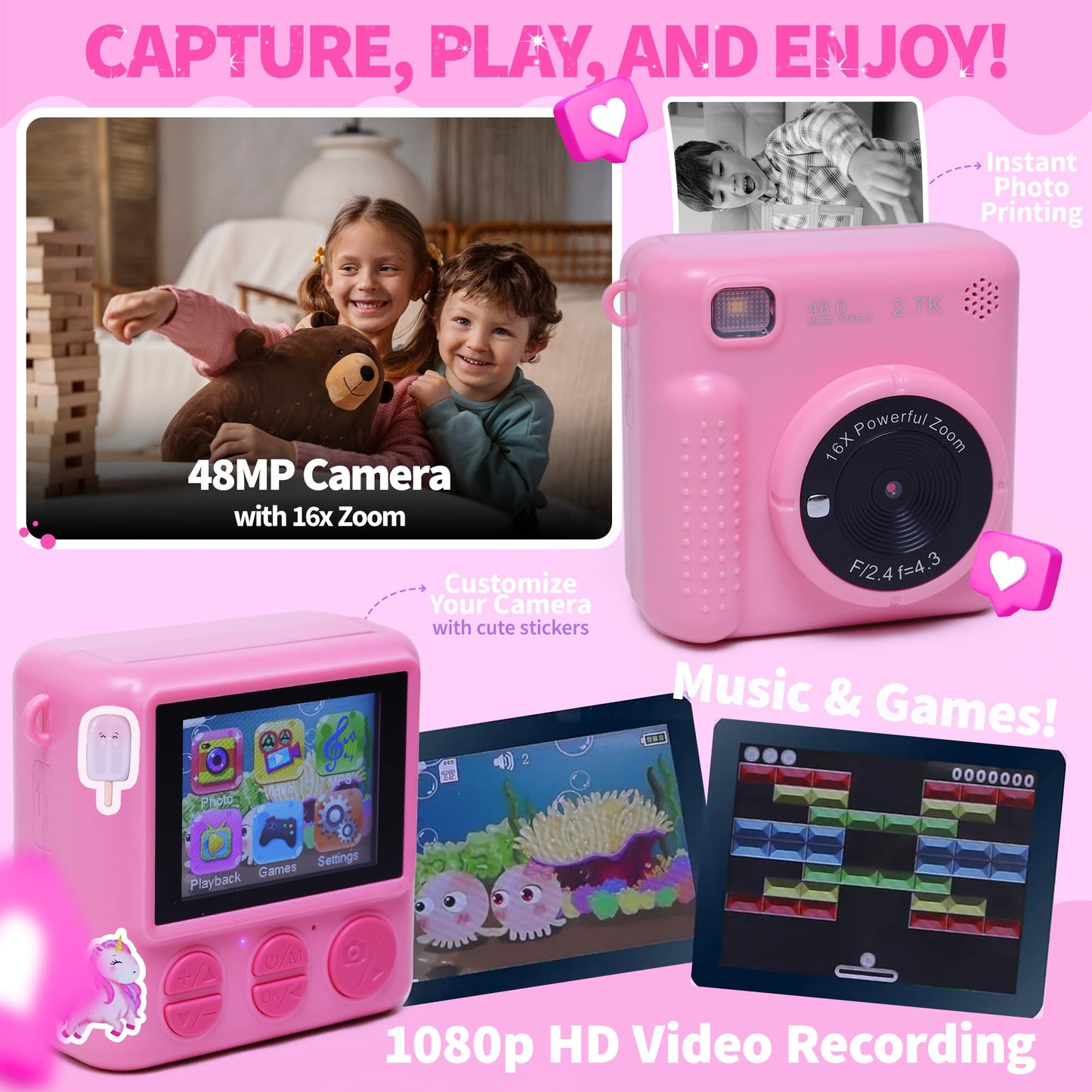 FINcredible Photomaker Kit - Instant Print Camera for Kids Plus DIY Journal Kit for Girls - 150 Pcs Tween Journal & Camera for Girls - 6 7 8 9 10 11 12 13 14 Year Old Girl (Pink)