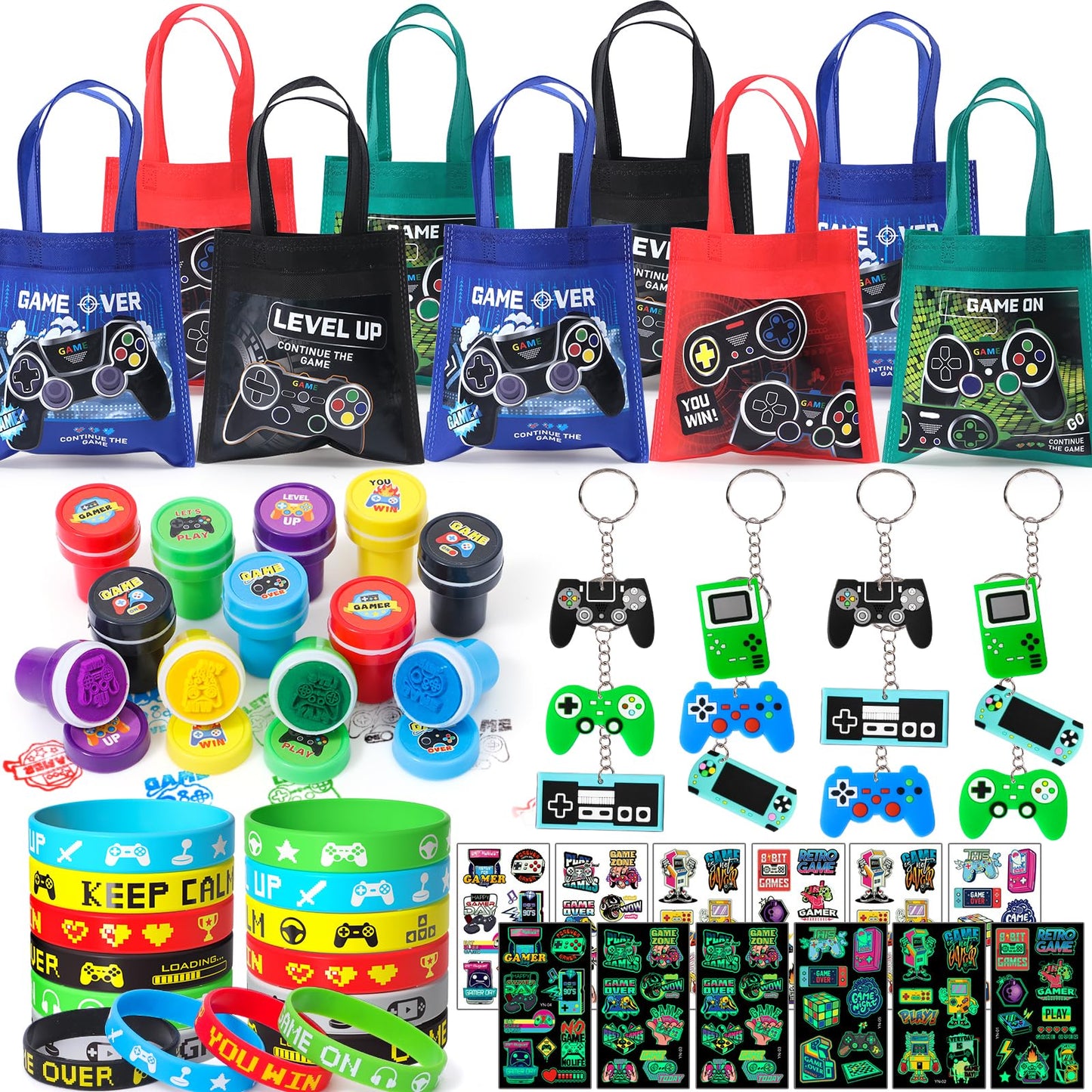 Winrayk Video Game Party Favors Gamer Birthday Supplies Kids, Non Woven Bag Silicone Bracelet Stamper Glow Sticker Keychain, Goodie Stuffer Pinata Filler Game On Gift Boys Gaming Party Favors Decor