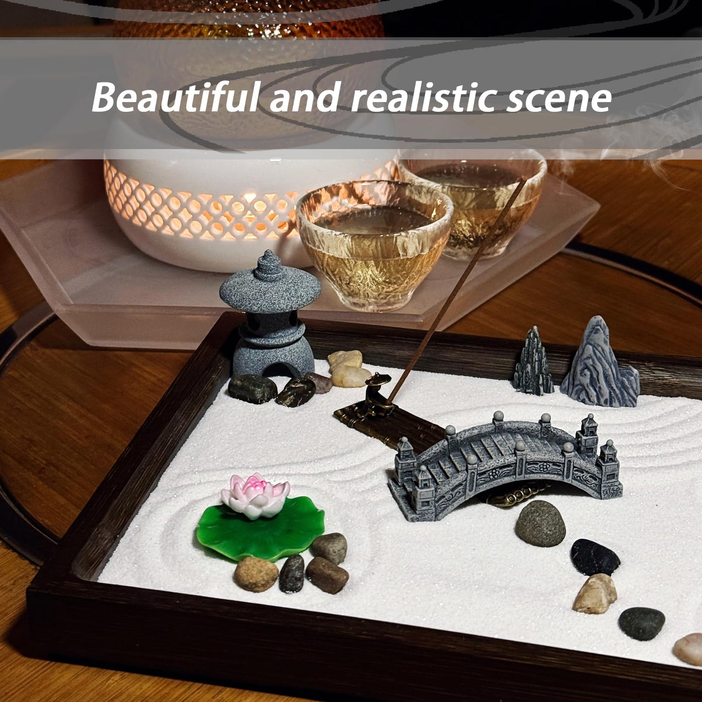 SRAYW Zen Garden Kit for Desk Decor. 11x7.5'' Beautiful Japanese Mini Zen Garden Meditation Gifts Set for Home,Office Desk＆Meditation Room.6 Tools ＆ 18 Accessories. Zen Sand Tray Therapy