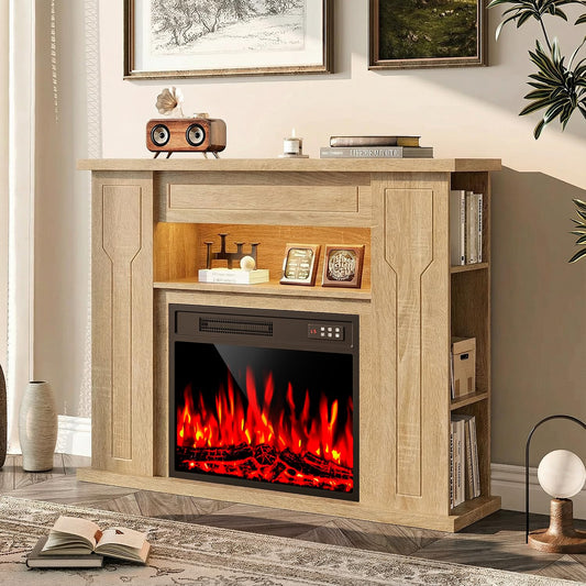 43" Electric Fireplace with Mantel, Freestanding 23" Fireplace Insert Heater with 7 Adjustable Flame Colors, Wooden Entertainment Center with Storage Shelf and LED Light for Living Room, Light Oak