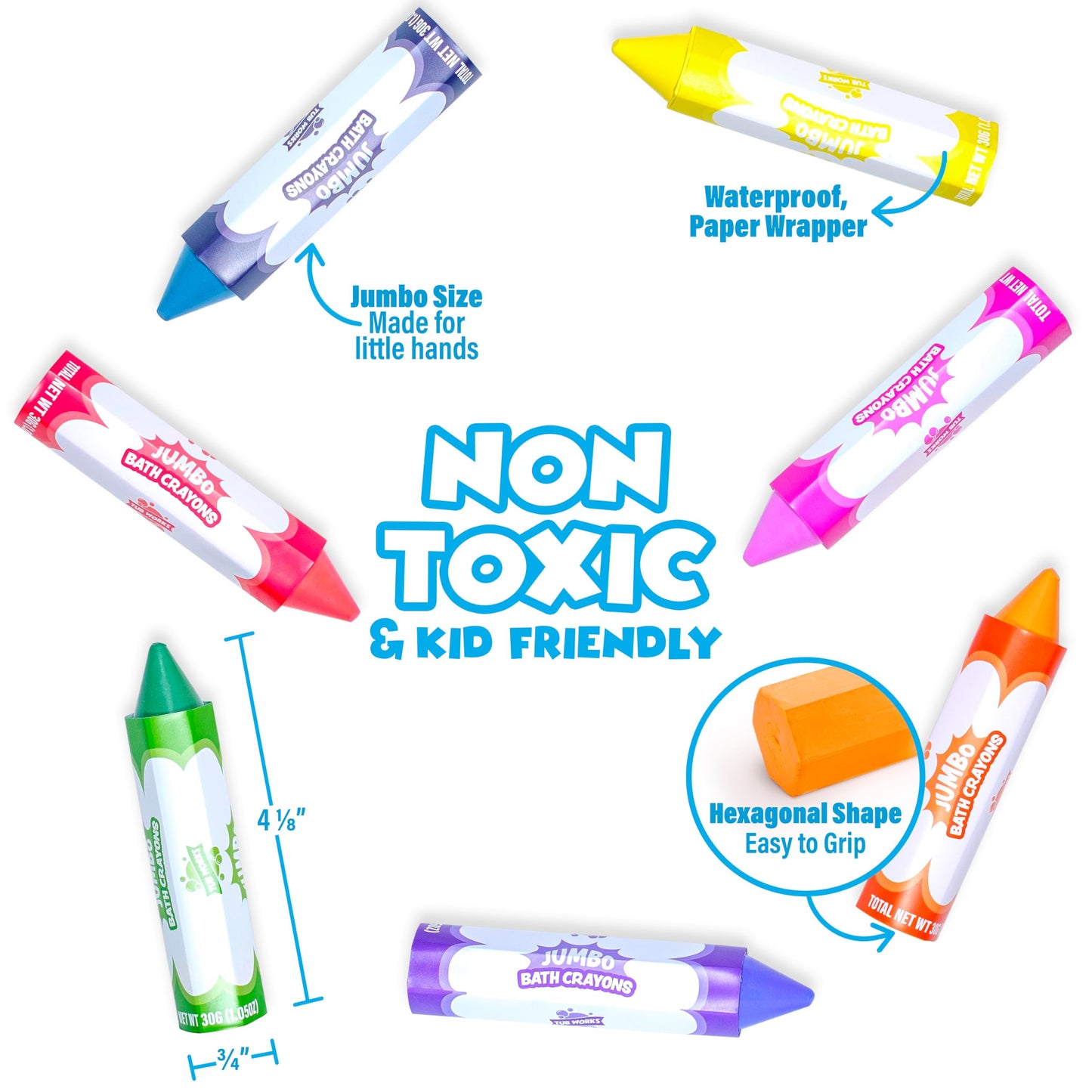 Tub Works® Smooth™ Jumbo Bath Crayons Bath Toy | Nontoxic, Washable Bath Crayons for Toddlers & Kids | Unique Formula Draws Smoothly & Vividly on Wet & Dry Tub Walls | Large, Easy-Grip Bathtub Crayons