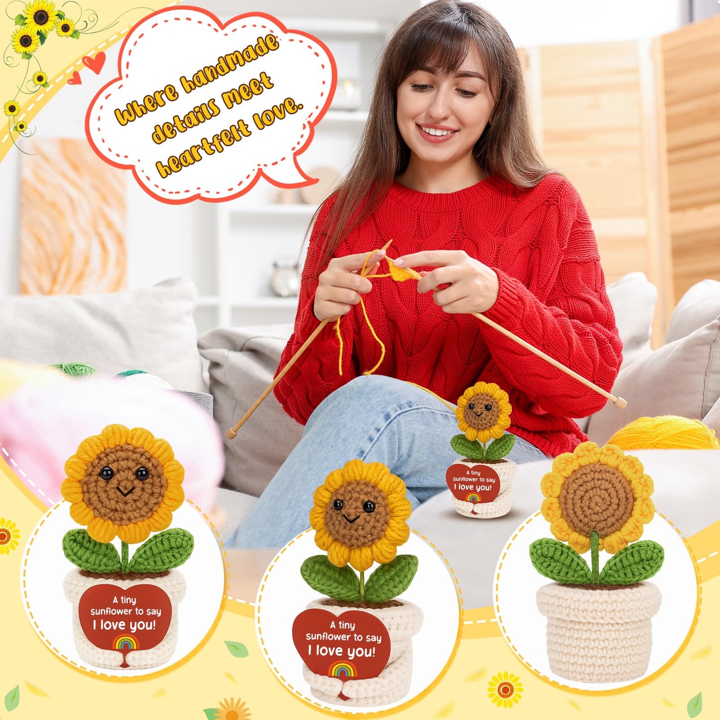 Anniversary Love Gifts for him her - I Love You Crochet Sunflower Happy Birthday Gifts for Women Men Wife Husband Easter Basket Stuffers for Daughter, Son - Wedding Gift Ideas for Couples Girlfriend