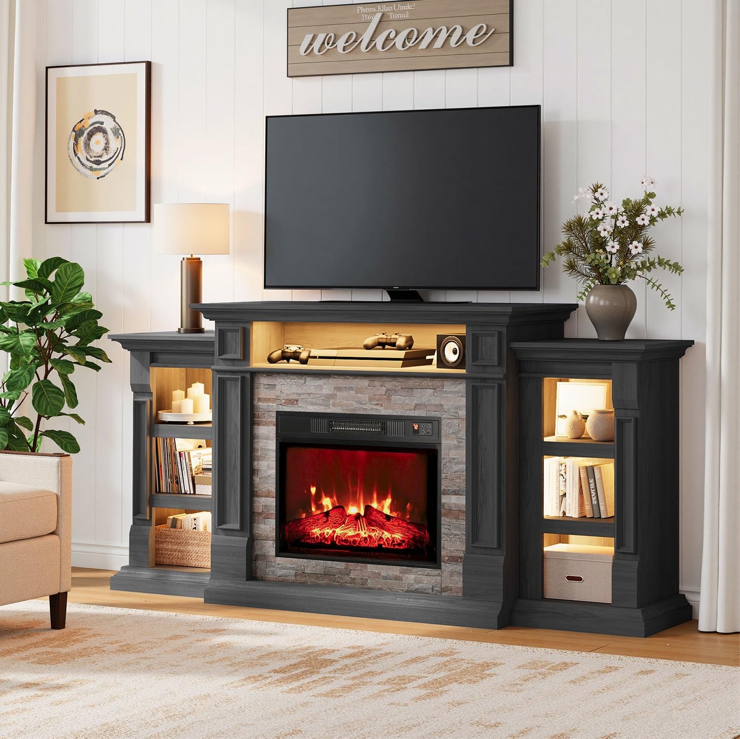 Naice 72" Electric Fireplace with Mantel and Cabinets, Fireplace TV Stand for Living Room Bedroom, LED Light & Power Outlet, 23in Realistic Flame Fireplace and Stacked Stone Surround, Black