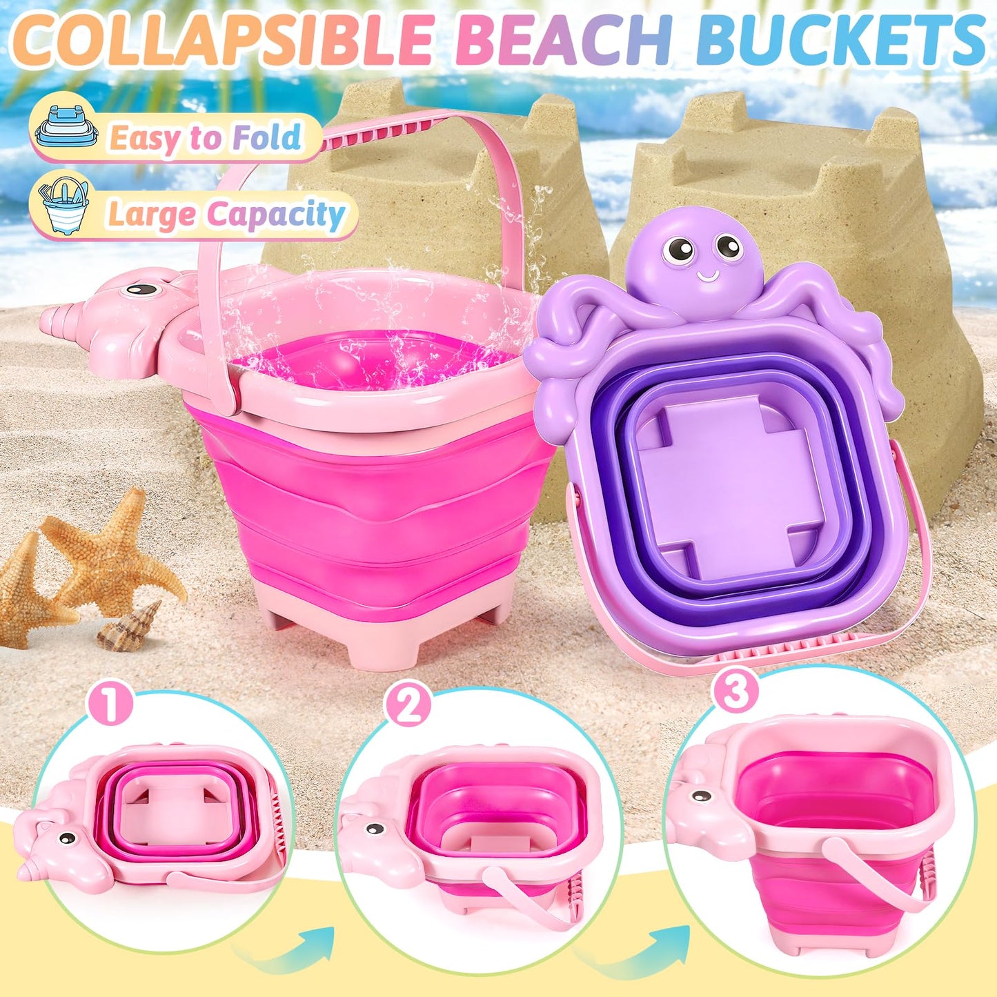 CatchCute Unicorn Collapsible Beach Toys,Sand Toys Set with Animal Foldable Buckets,Shovels,Sifter,Sand Molds,Castle Building Kit & Mesh Storage Bag,Beach Travel Essentials for Kids Toddlers
