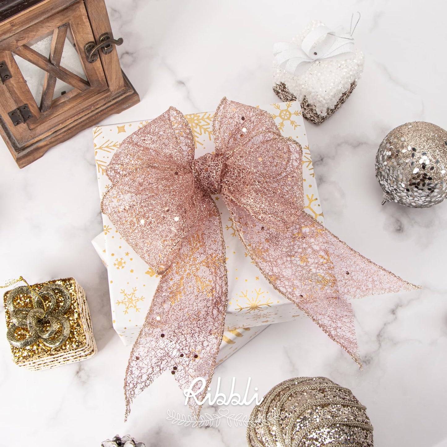 Ribbli Rose Gold Glitter Wired Ribbon for Christmas Tree Fine Mesh Sparkling 2.5 Inch x 10 Yard Christmas Wired Ribbon for Gift Wrapping Crafts Wreath Supplies