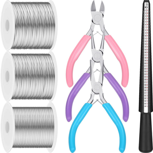 3 Rolls 18 20 22 Gauge Jewelry Wire for Jewelry Making with 3 Multi Purpuse Pliers and Ring Sizer, Tarnish Resistant Aluminum Beading Wire for Arts Crafts Making Supplies(Silver)