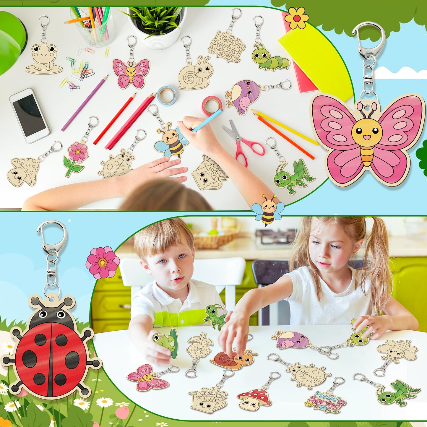 Haooryx Diy Wood Craft Kit - 24 Pcs Paint Decorate Your Own Hello Spring Cute Flower Animals DIY Wooden Art Painting Blank Keychains Wood Craft Kit Creative Activity Birthday Party Favors Goodie Bag