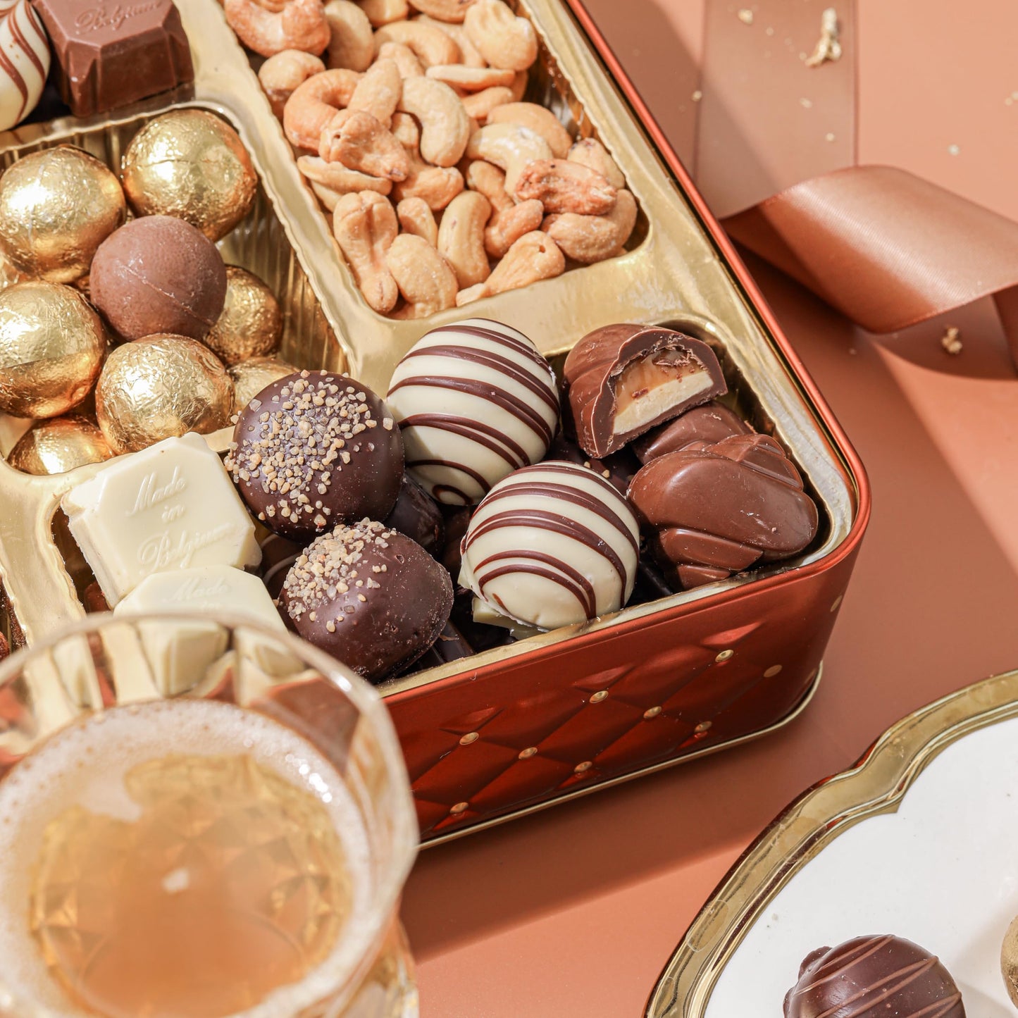 Gourmet Chocolate & Nut Gift Basket – Assorted Individually Wrapped Chocolates, Truffles, Cashews, Peanuts & Salty Nut Mix – Keepsake Gift Tin for Easter, Birthdays, Corporate, Family & Holiday Gifting- Bonnie and Pop