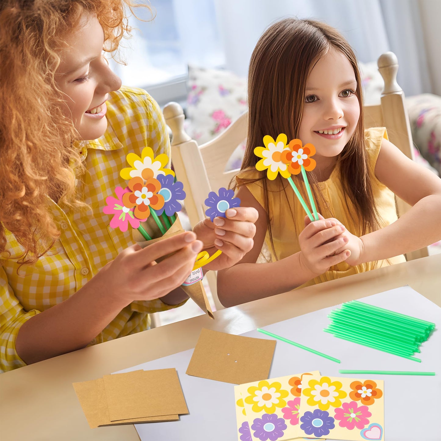 BeYumi Flower Bouquet Craft Kit - 48Pcs Mother's Day Flower Bouquet Craft for Kids Make Your Own Bunch of Flowers Teacher Appreciation Week DIY Thankful Gift Set School Classroom Home Fun Activities