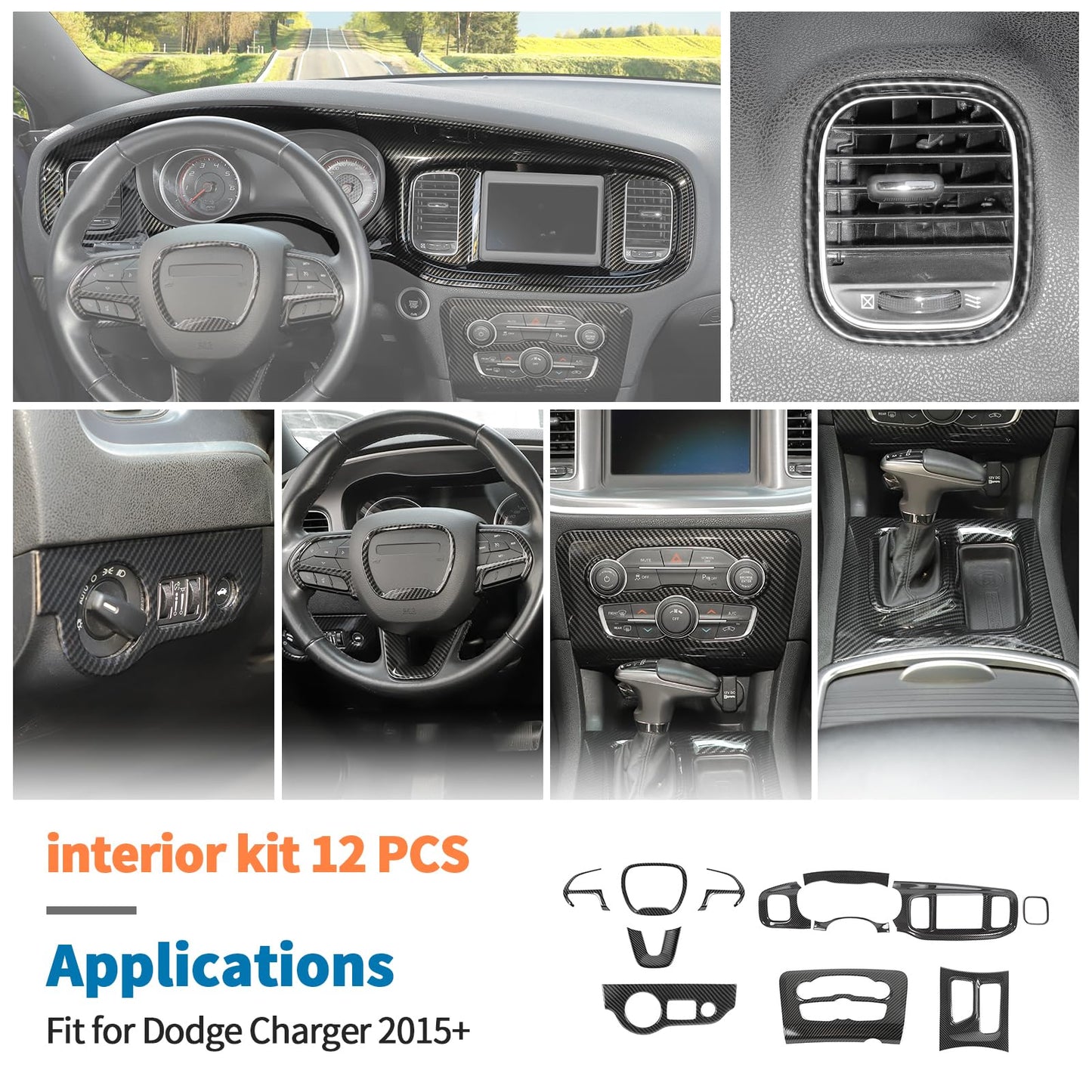 JeCar 12pcs Carbon Fiber Interior Trim Kit Fit for 2015-2023 Dodge Charger Interior Accessories