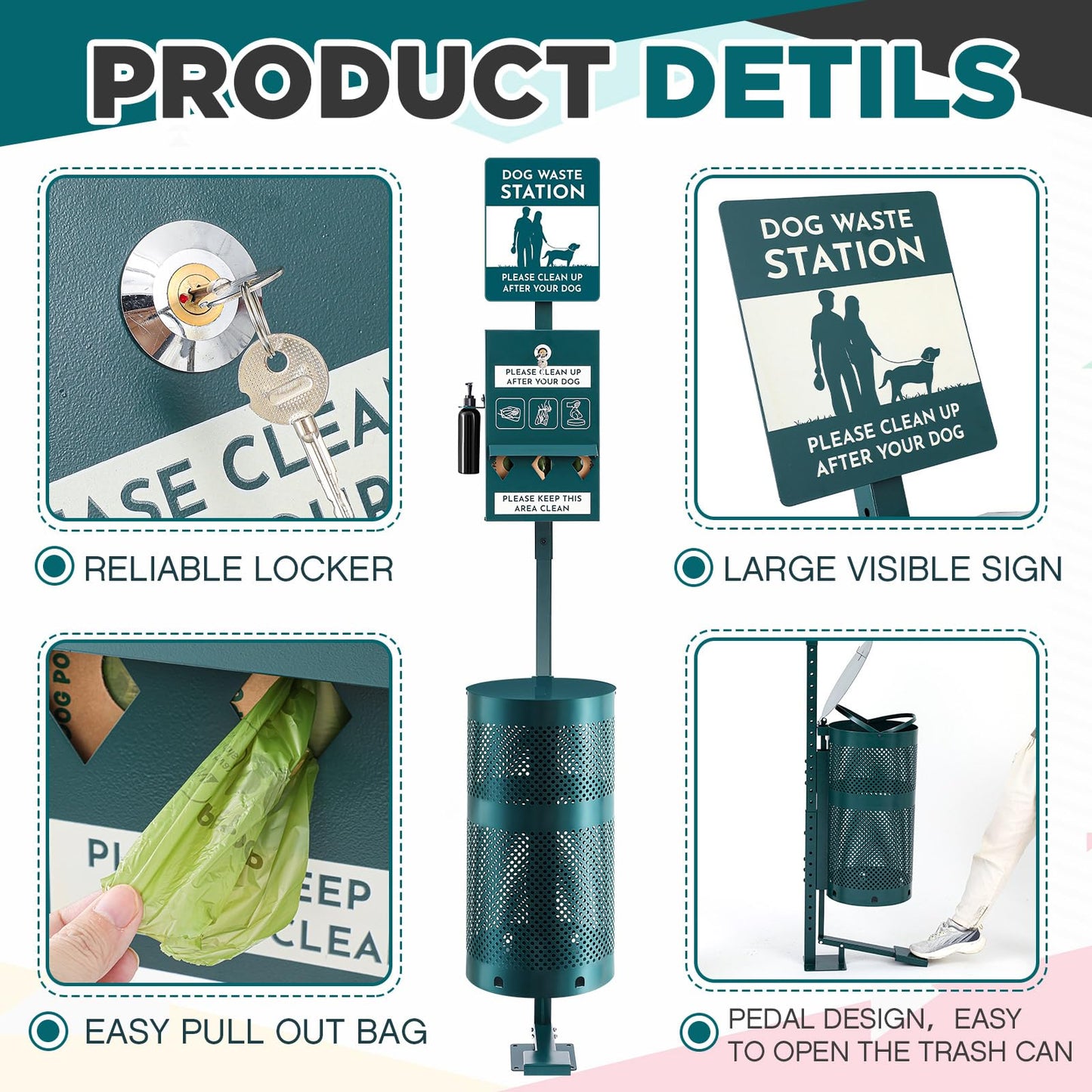 Qinyoung Pet Waste Station, Includes 600 Roll Bags, Dog Waste Station with Foot Pedal, Dog Poop Sign, Bag Dispenser, Hand Sanitizer Bottle and Covered Outdoor Trash Can for Parks, Trails Outdoor