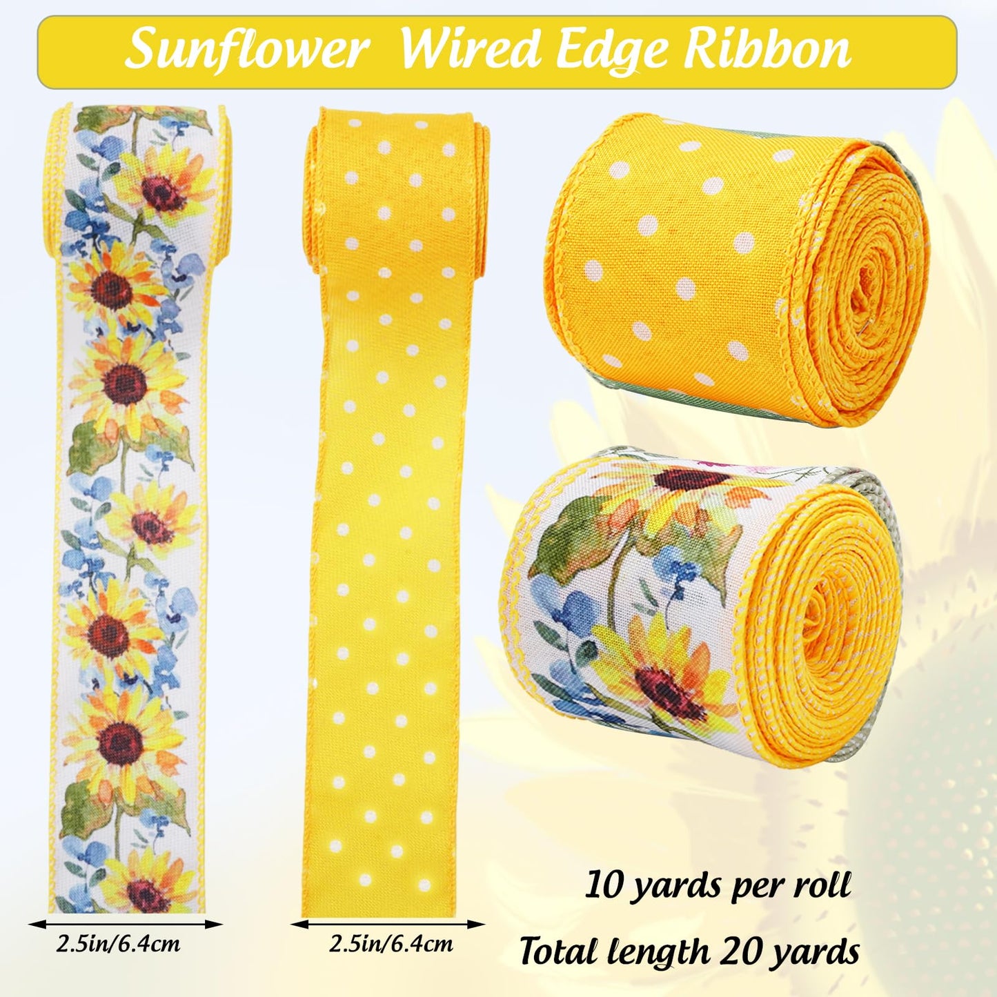 Sunflower Dot Wired Edge Ribbons Spring Summer Floral Gift Wrap Ribbon Yellow White Flower Craft Ribbon for DIY Crafts Wreath Bow Making Wrapping Party Decor Supplies, 2 Rolls, 20 Yard
