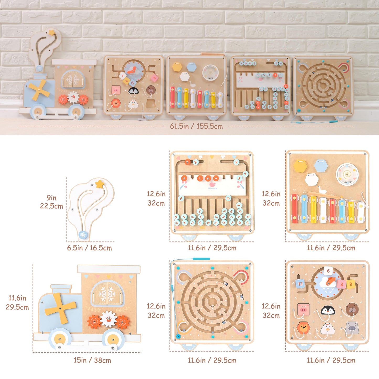Pillowhale Train Activity Wall Busy Board, Wooden Montessori Sensory Toys, 12-in-1 Learning Activity Center for Playroom,Daycare, Nursery, Classroom, Educational Toys for Toddler