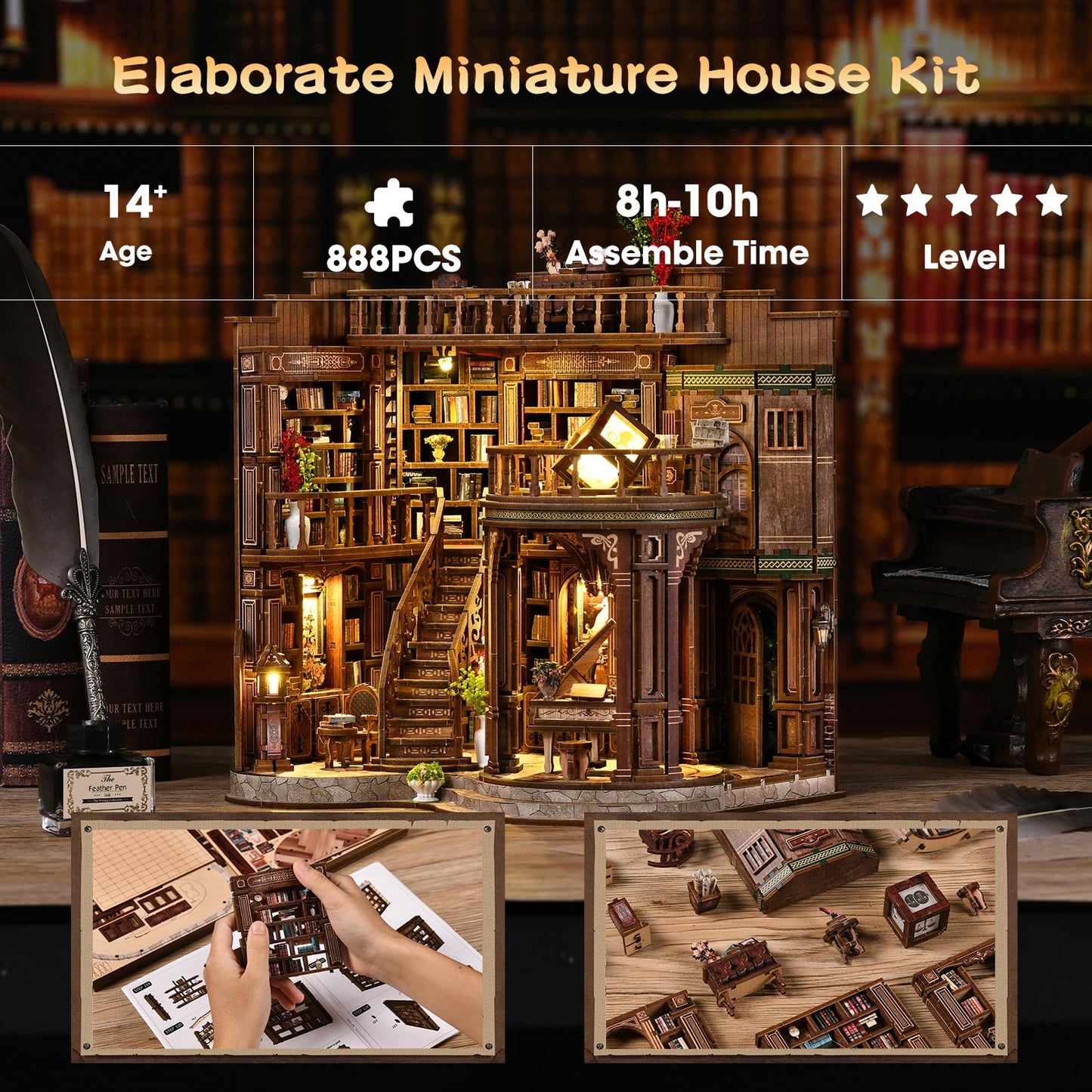 3DVASE Book Nooks for Adults, DIY Miniature Dollhouse Book Nook Kit, Model Kits Craft Kits for Adults, 3D Wooden Puzzle Book Nook Craft Bookshelf Decor, Adult Craft Kits Gift with Led Light