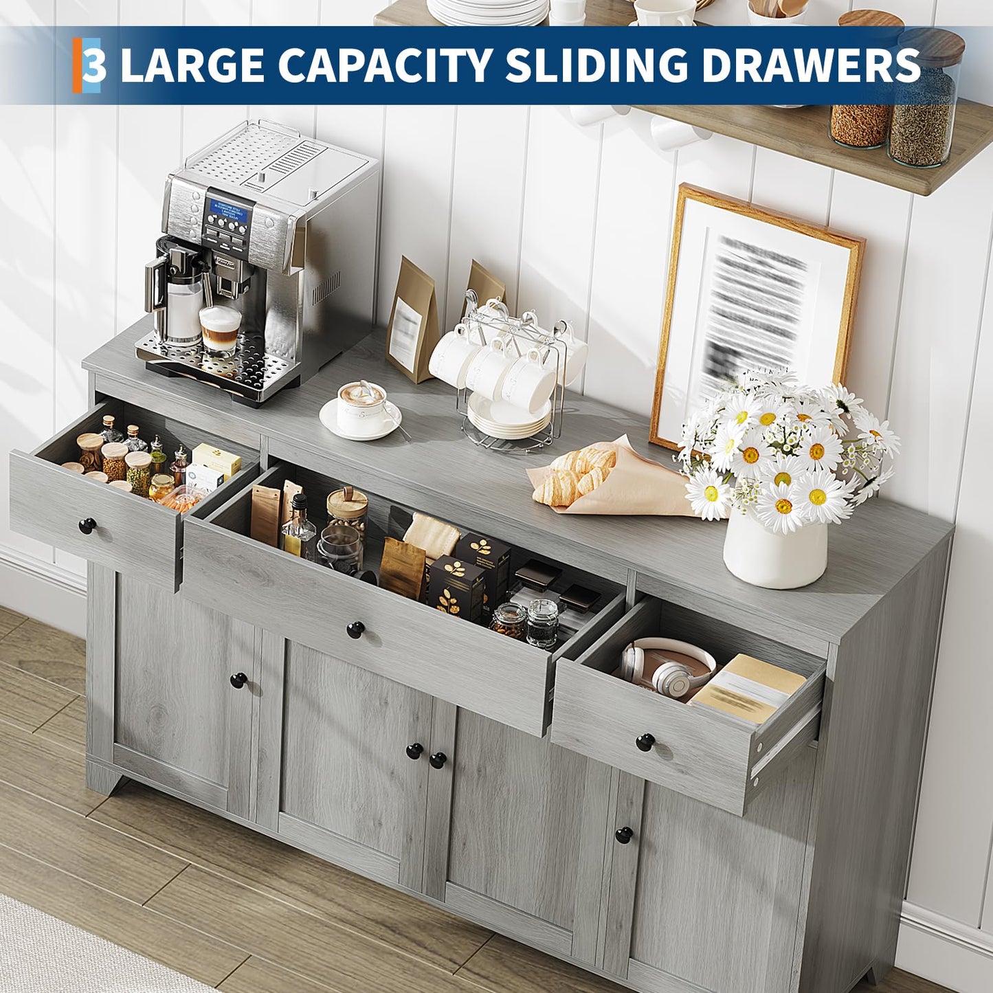 GarveeHome 55 in Sideboard Buffet Cabinet with Storage, Minimalist Kitchen Storage Cabinet with 3 Drawers & 4 Doors, Buffet Console Table Coffee Bar with Adjustable Shelf for Dining Living Room- Grey