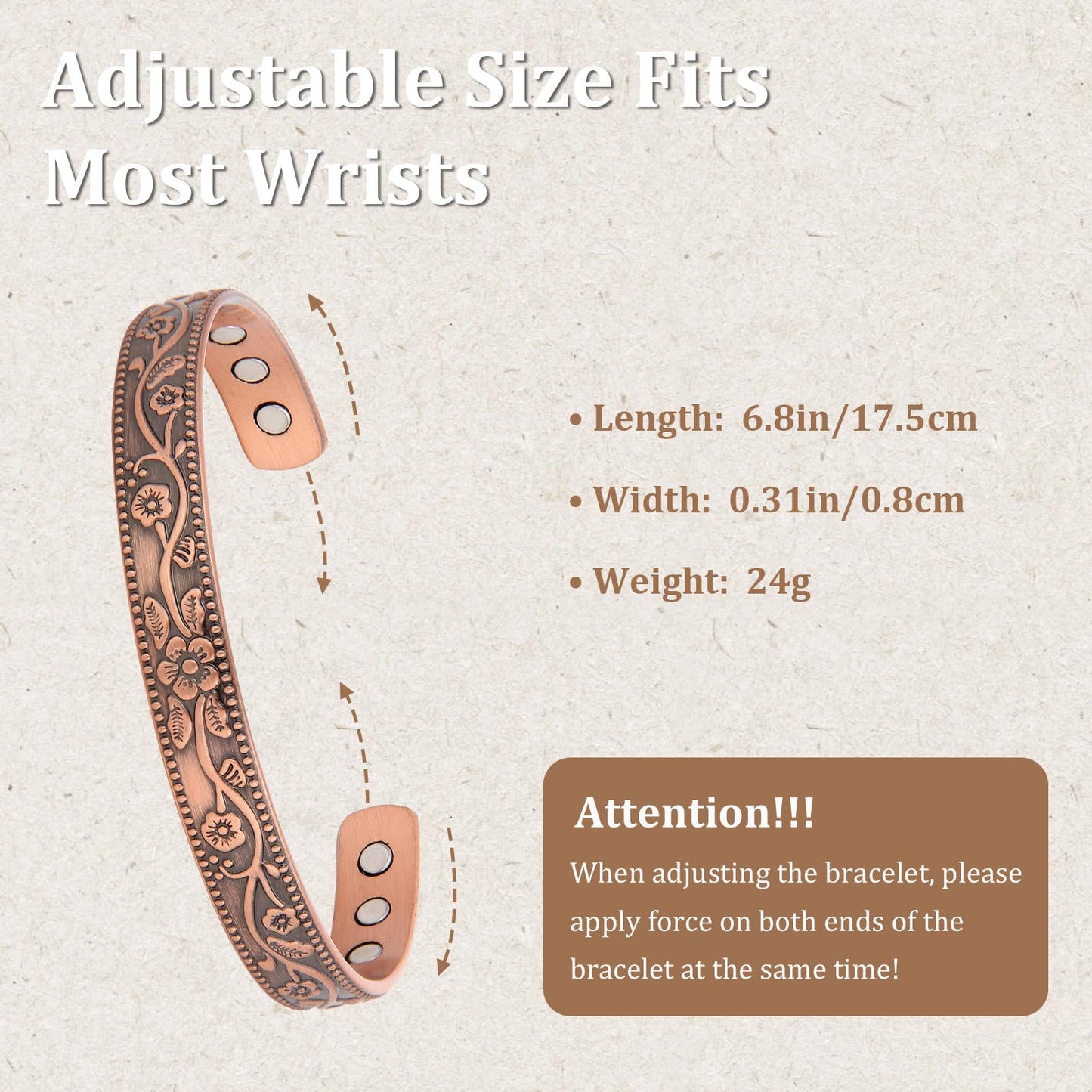 MagEnergy Copper Bracelets for Women, 99.9% Pure Copper Vintage Flower Magnetic Bangle with 3500 Gauss Magnets,6.8" Adjustable Cuff Jewelry Box